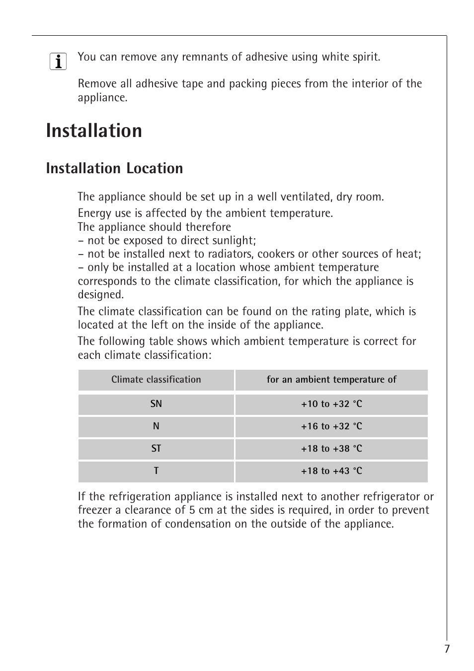 Installation, Installation location | Electrolux 1254-6 iU User Manual | Page 7 / 32