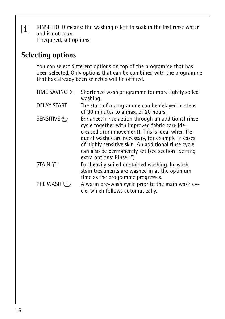 Selecting options | Electrolux 1620 User Manual | Page 16 / 52