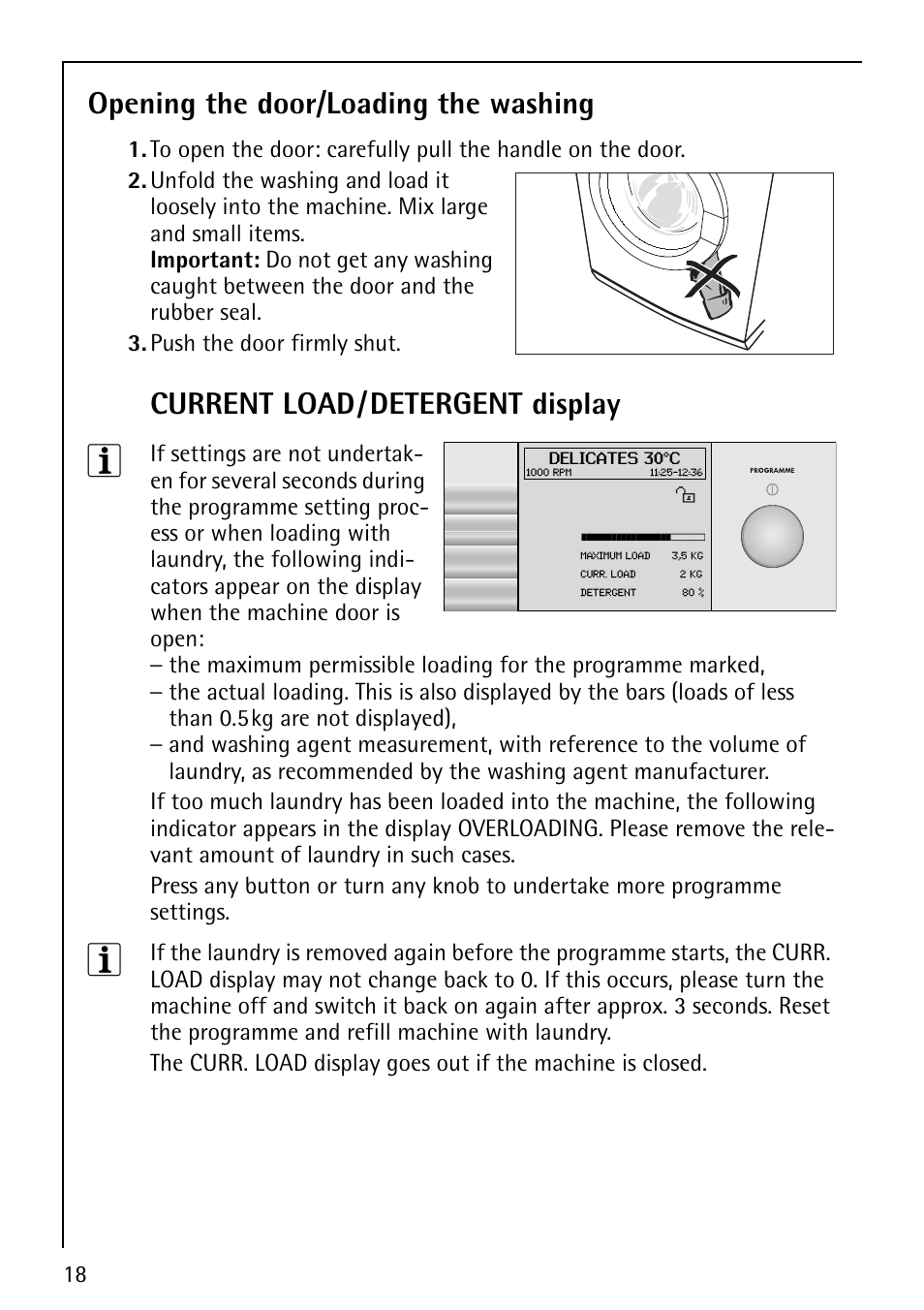 Opening the door/loading the washing, Current load/detergent display | Electrolux 1620 User Manual | Page 18 / 52