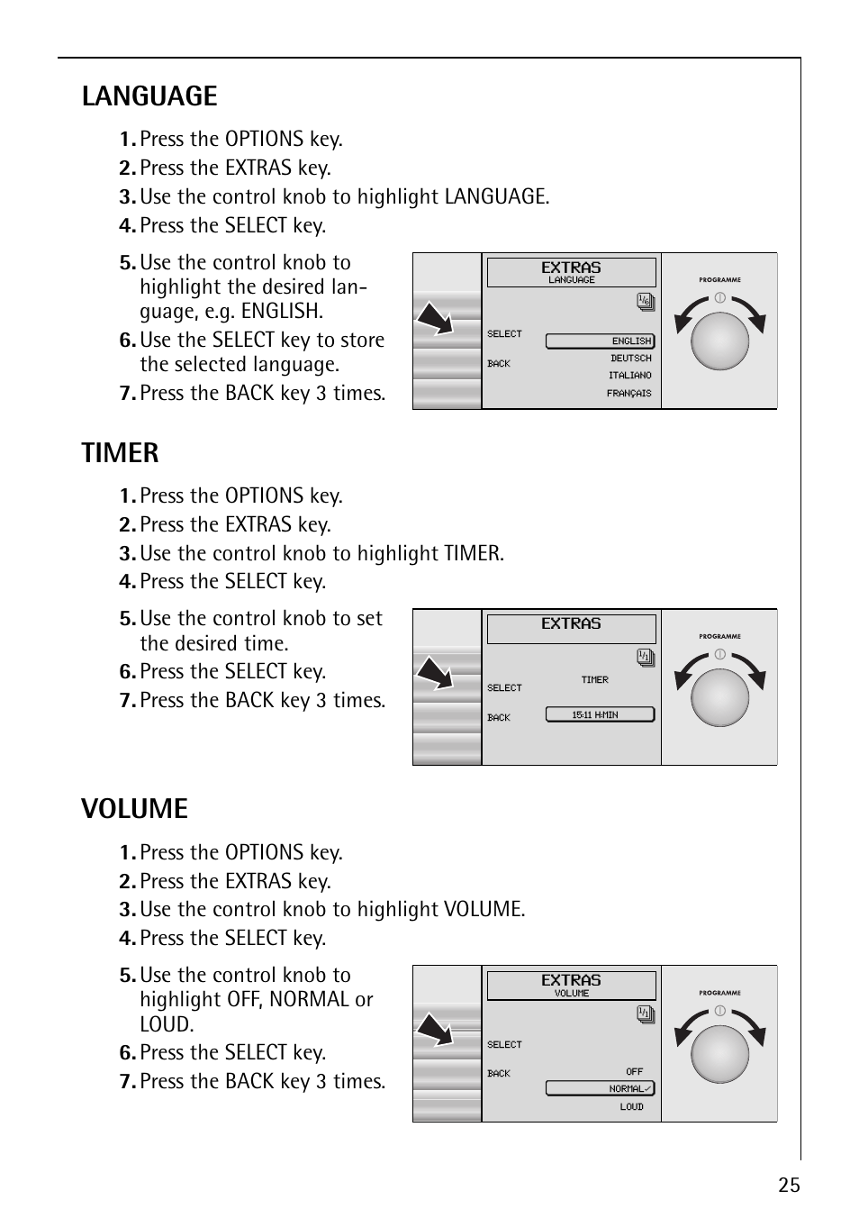 Language, Timer, Volume | Electrolux 1620 User Manual | Page 25 / 52