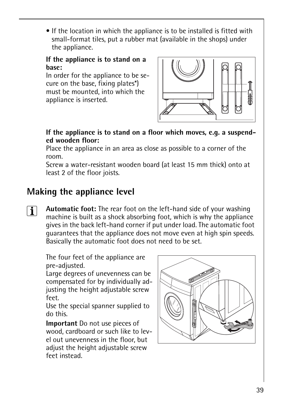 Making the appliance level | Electrolux 1620 User Manual | Page 39 / 52