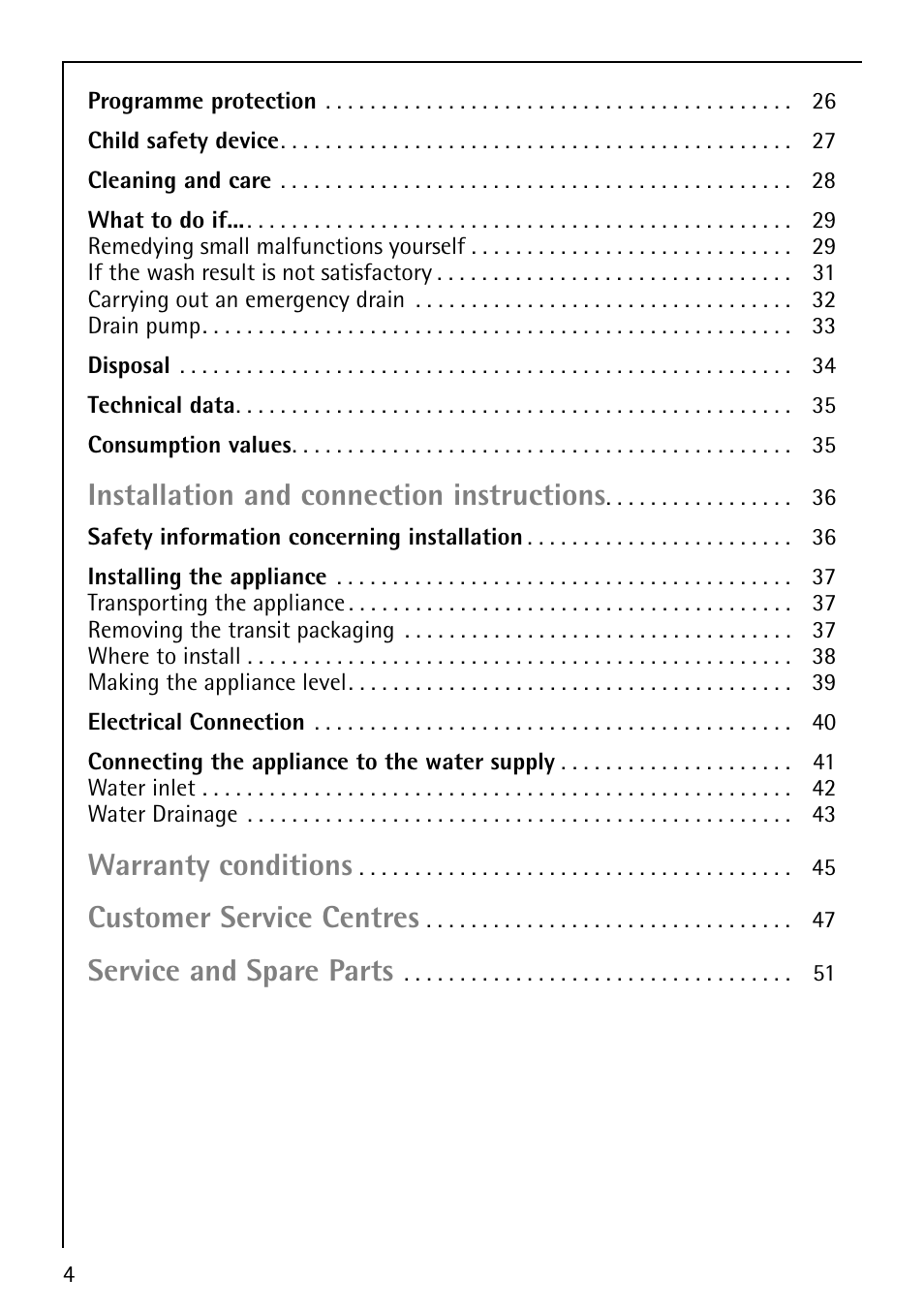 Installation and connection instructions, Warranty conditions, Customer service centres | Service and spare parts | Electrolux 1620 User Manual | Page 4 / 52