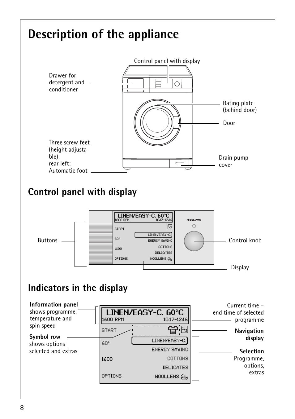 Description of the appliance, Control panel with display, Indicators in the display | Linen/easy-c. 60°c | Electrolux 1620 User Manual | Page 8 / 52