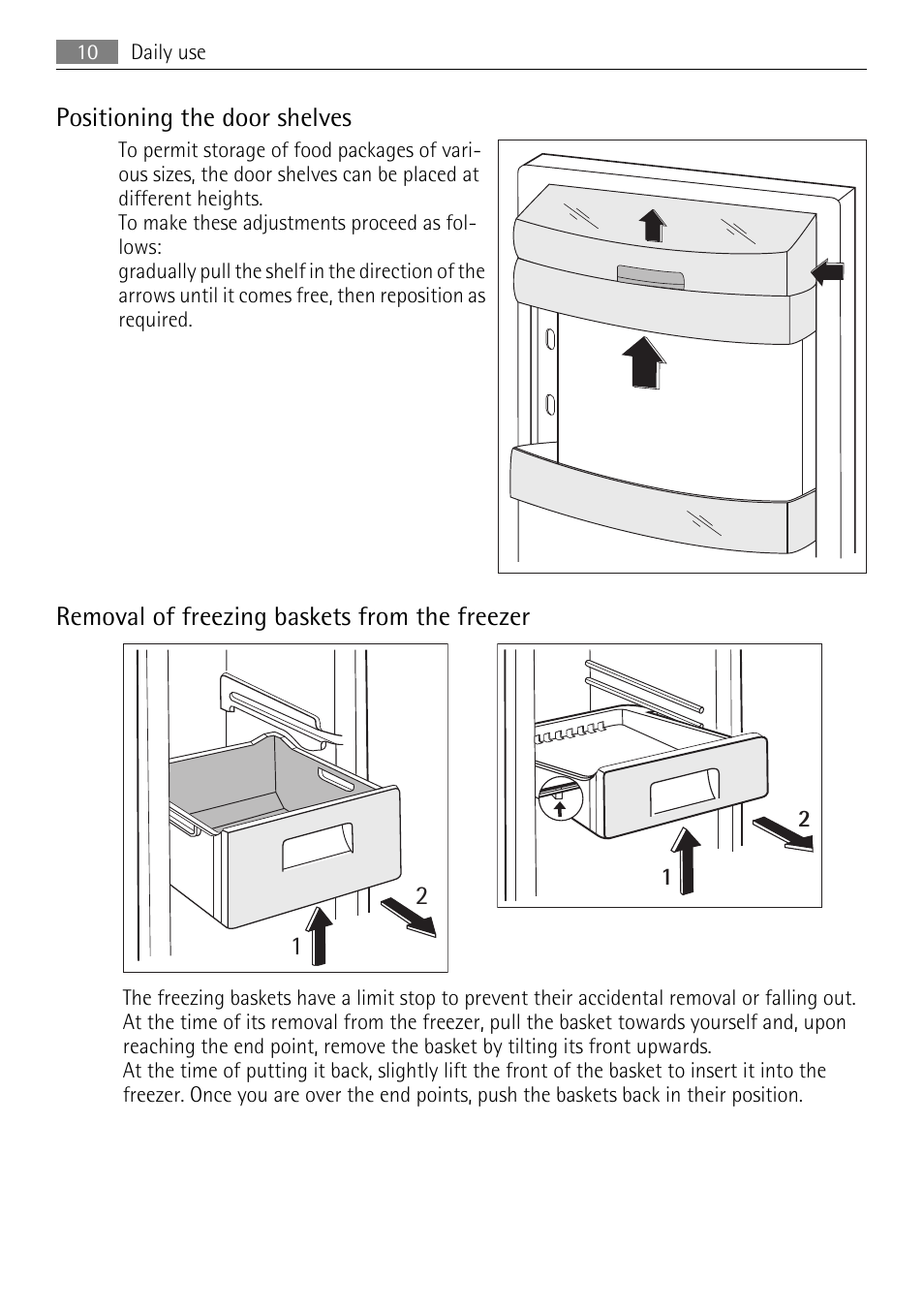 Positioning the door shelves, Removal of freezing baskets from the freezer 1 2 | Electrolux 925033685 User Manual | Page 10 / 24