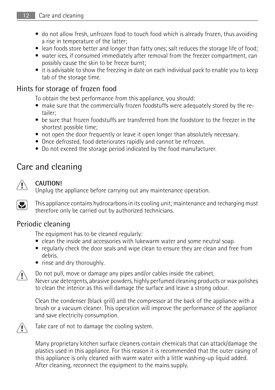 Care and cleaning, Hints for storage of frozen food, Periodic cleaning | Electrolux 925033685 User Manual | Page 12 / 24