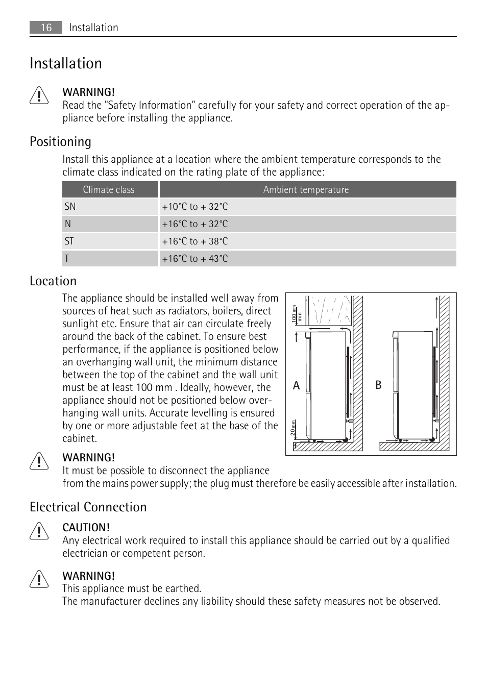 Installation, Positioning, Location | Electrical connection | Electrolux 925033685 User Manual | Page 16 / 24