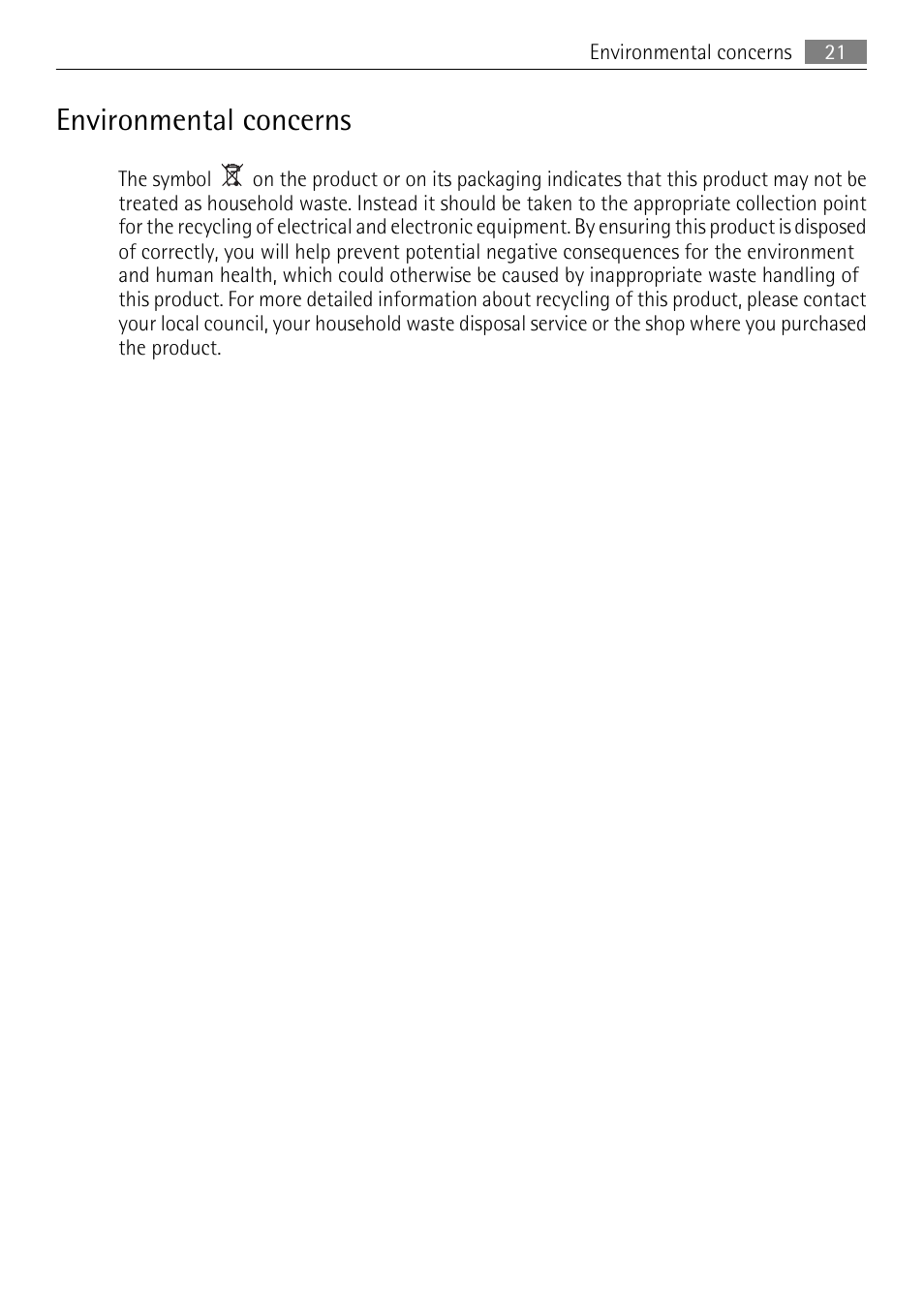 Environmental concerns | Electrolux 925033685 User Manual | Page 21 / 24