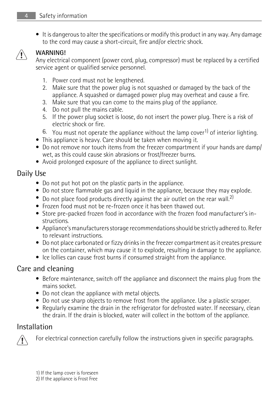 Daily use, Care and cleaning, Installation | Electrolux 925033685 User Manual | Page 4 / 24