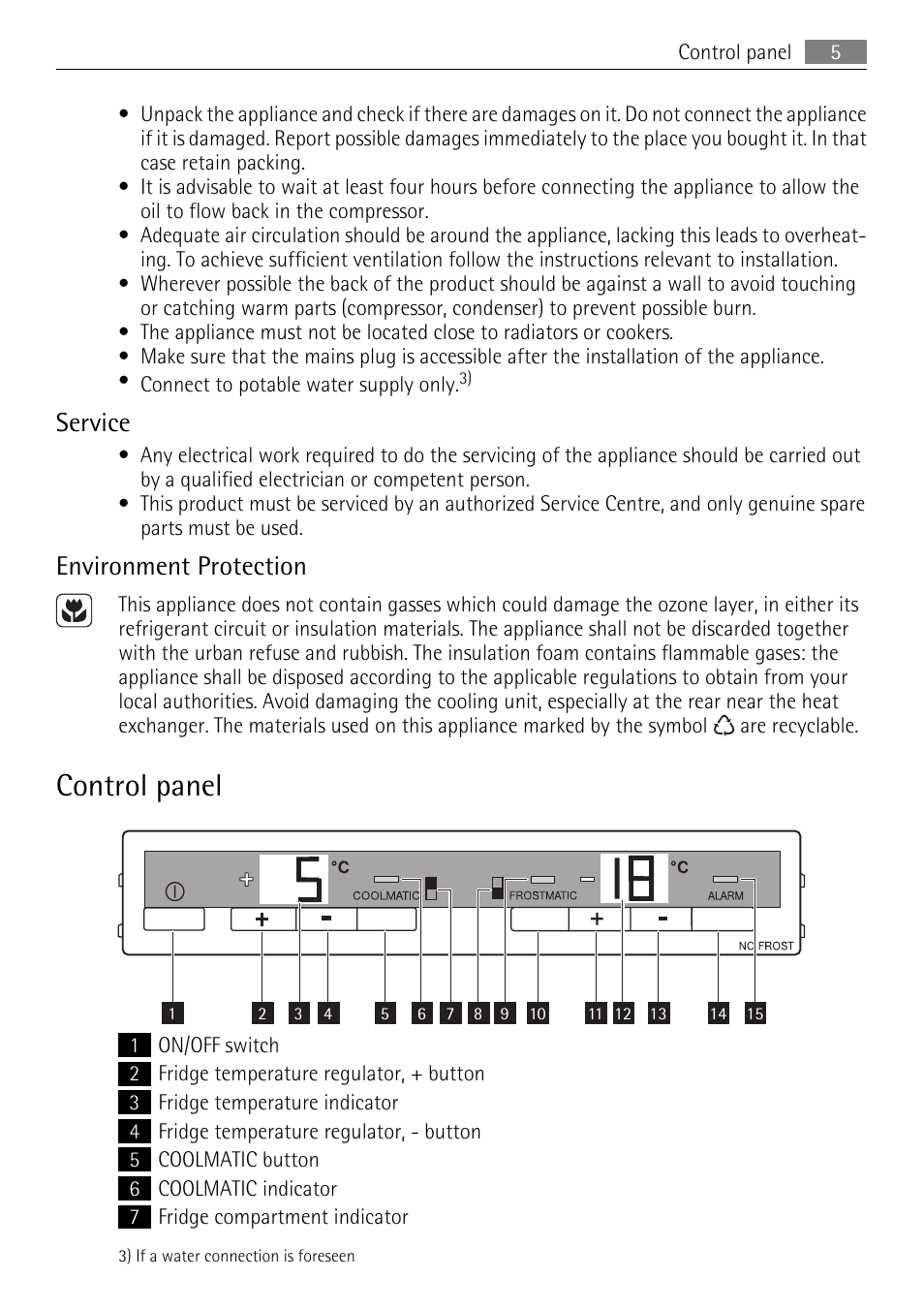 Control panel, Service, Environment protection | Electrolux 925033685 User Manual | Page 5 / 24