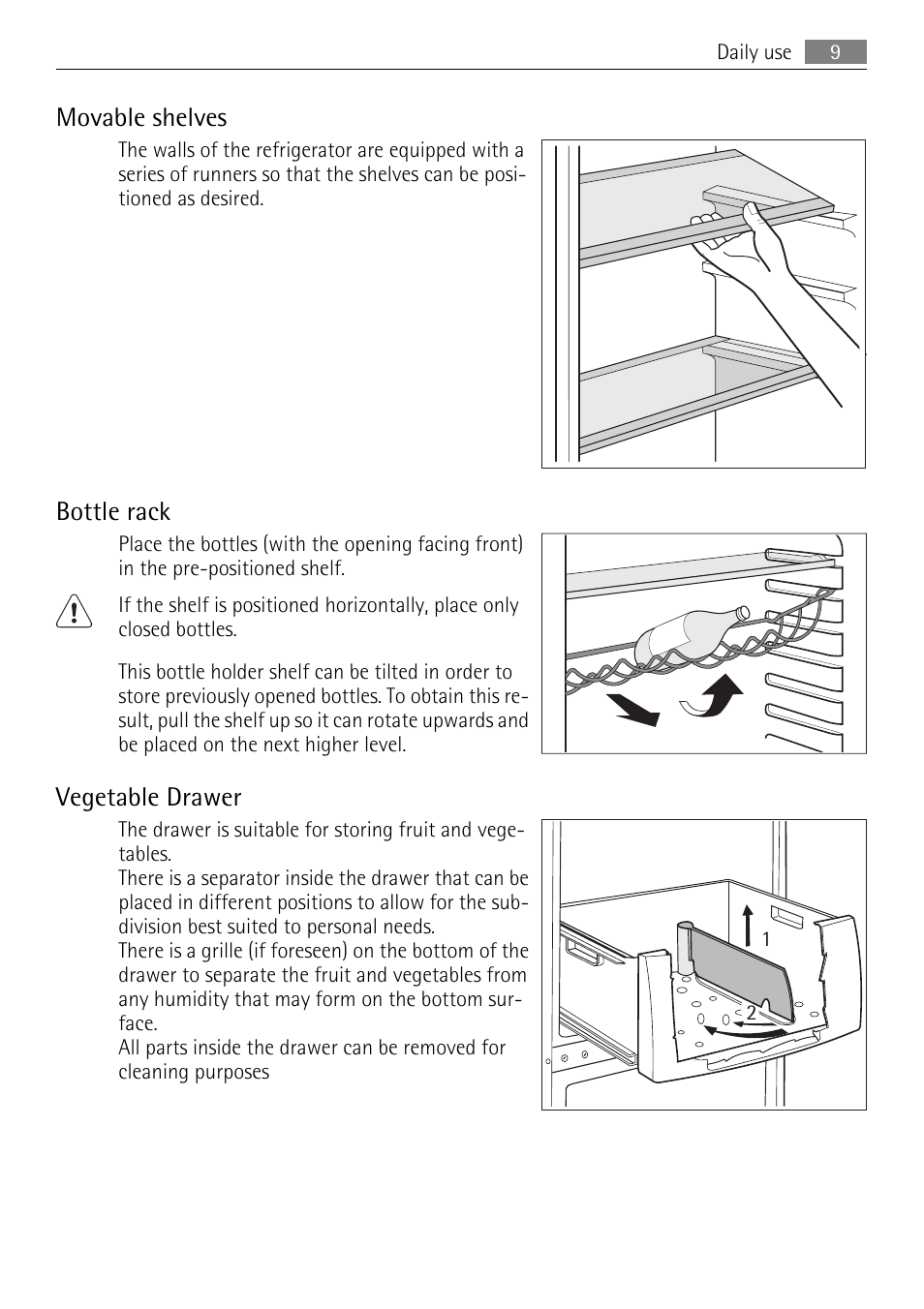 Movable shelves, Bottle rack, Vegetable drawer | Electrolux 925033685 User Manual | Page 9 / 24