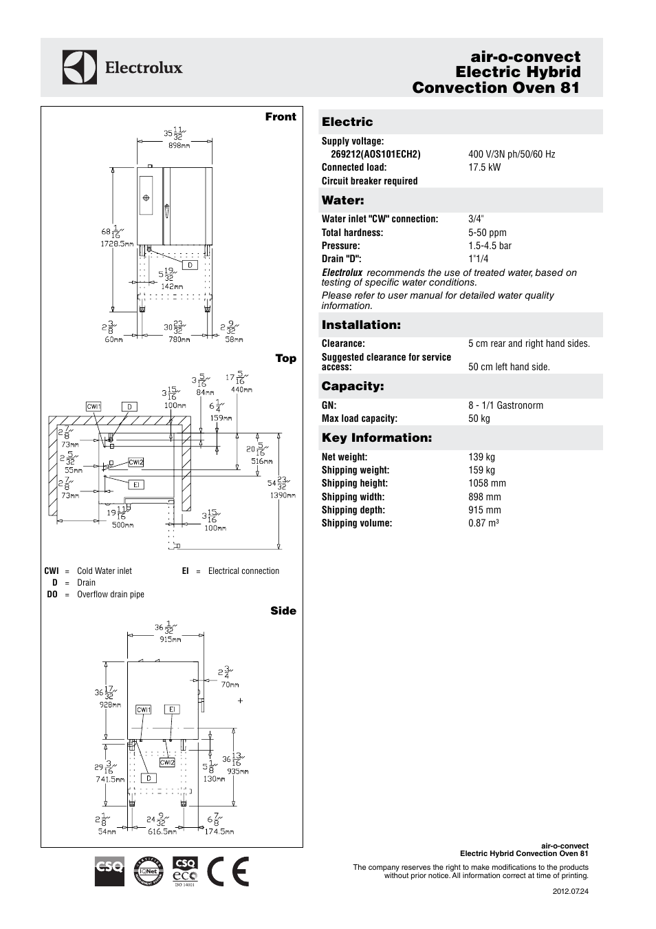 Air-o-convect electric hybrid convection oven 81 | Electrolux Convection Oven 81 User Manual | Page 2 / 3