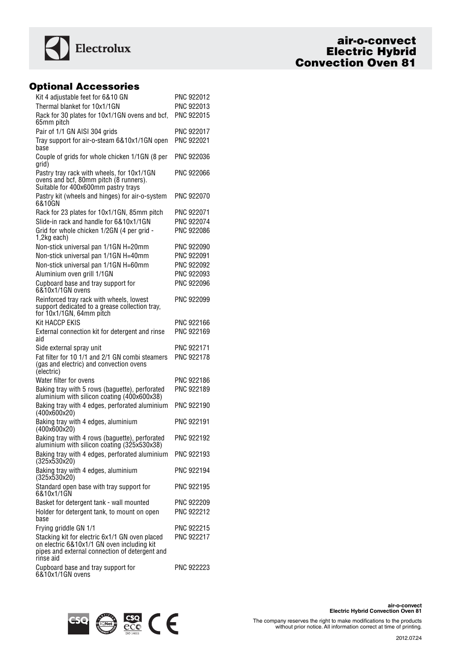 Air-o-convect electric hybrid convection oven 81, Optional accessories | Electrolux Convection Oven 81 User Manual | Page 3 / 3