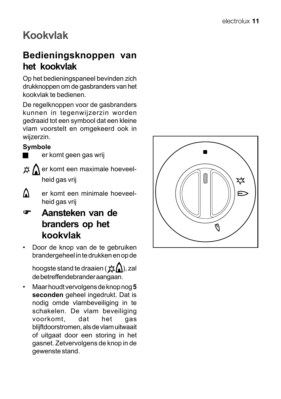 Kookvlak, Bedieningsknoppen van het kookvlak, Aansteken van de branders op het kookvlak | Electrolux EKG 60111 User Manual | Page 11 / 84