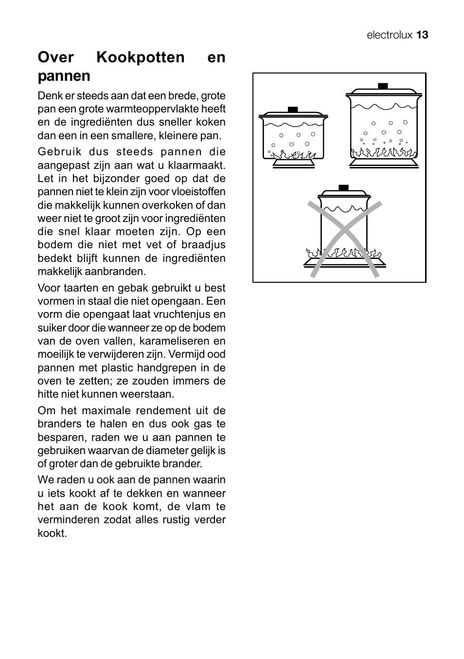 Over kookpotten en pannen | Electrolux EKG 60111 User Manual | Page 13 / 84