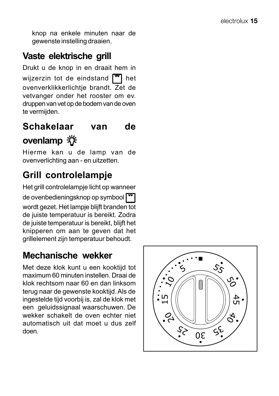 Vaste elektrische grill, Schakelaar van de ovenlamp, Grill controlelampje | Mechanische wekker | Electrolux EKG 60111 User Manual | Page 15 / 84