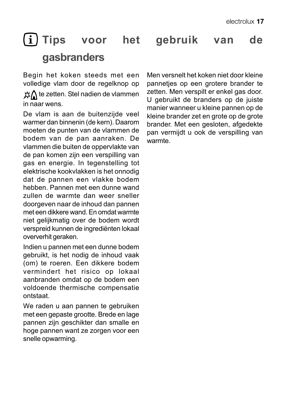 Tips voor het gebruik van de gasbranders | Electrolux EKG 60111 User Manual | Page 17 / 84