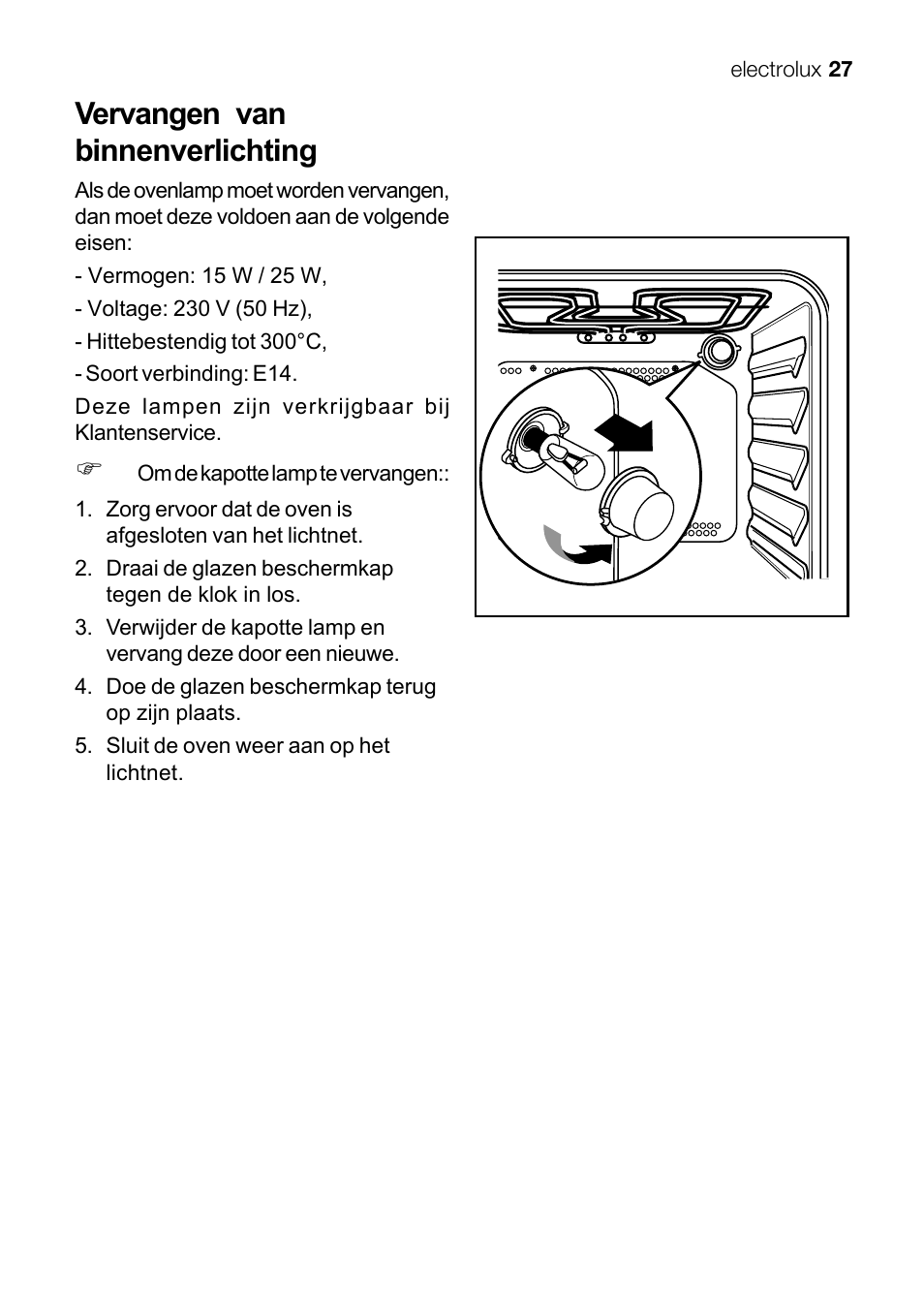 Vervangen van binnenverlichting | Electrolux EKG 60111 User Manual | Page 27 / 84