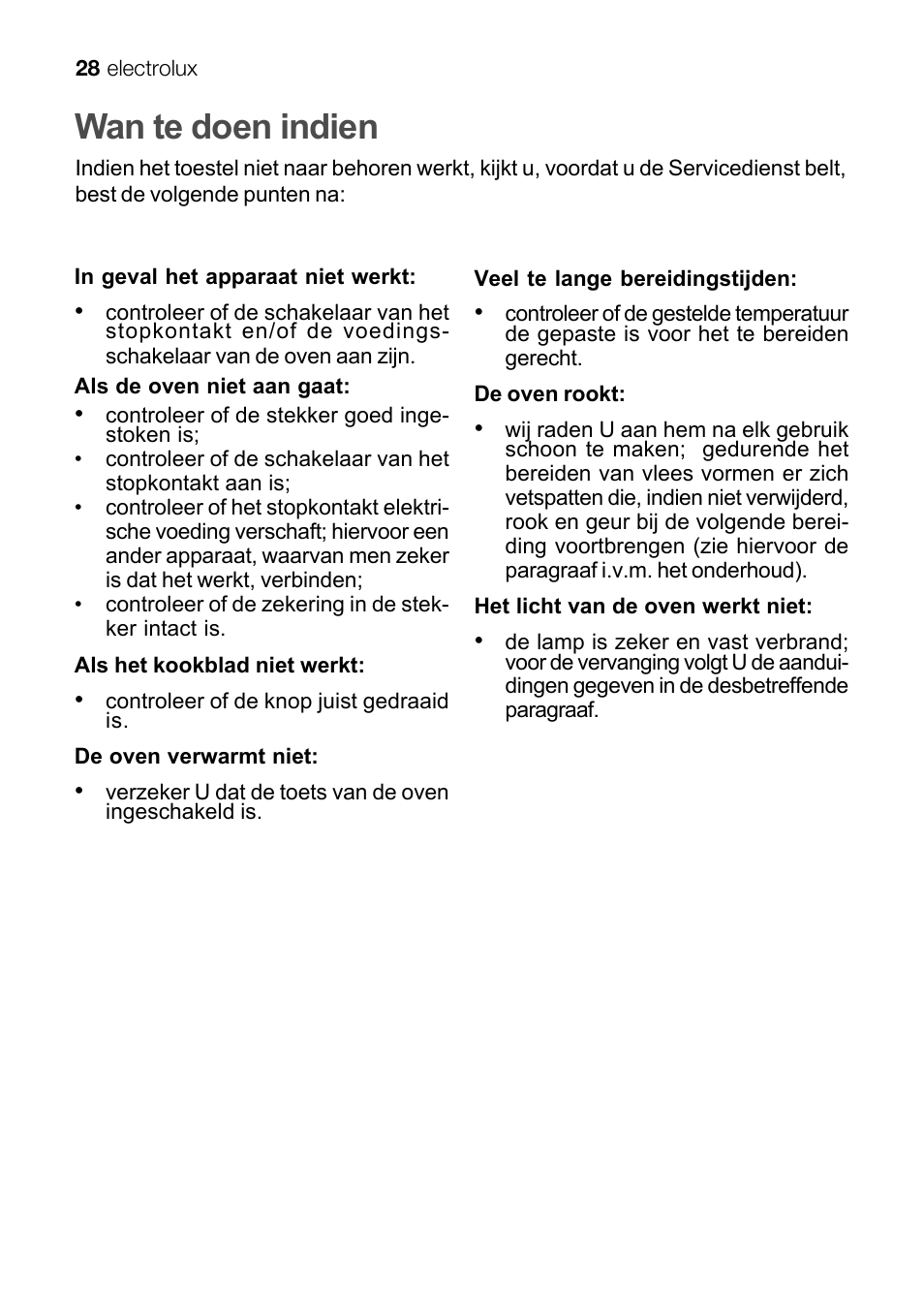 Wan te doen indien | Electrolux EKG 60111 User Manual | Page 28 / 84