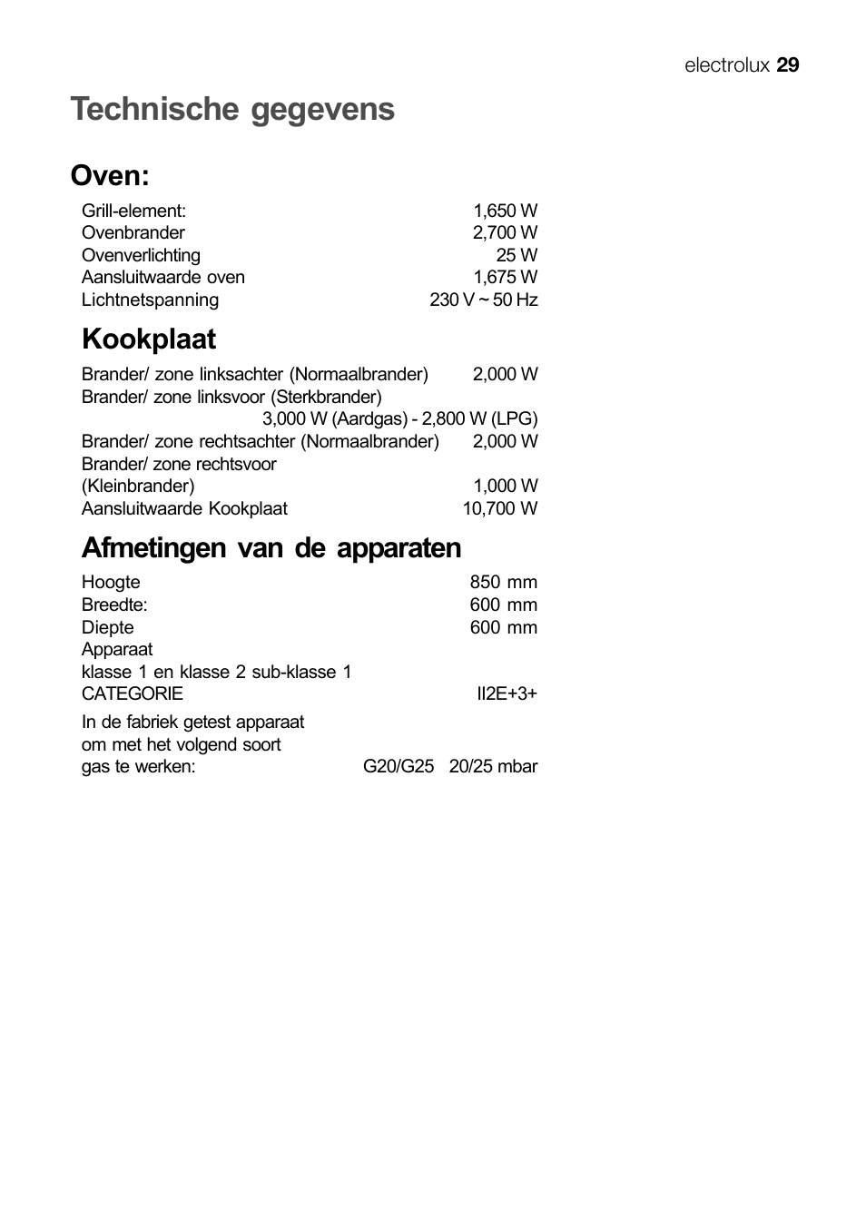 Technische gegevens, Oven, Kookplaat | Afmetingen van de apparaten | Electrolux EKG 60111 User Manual | Page 29 / 84