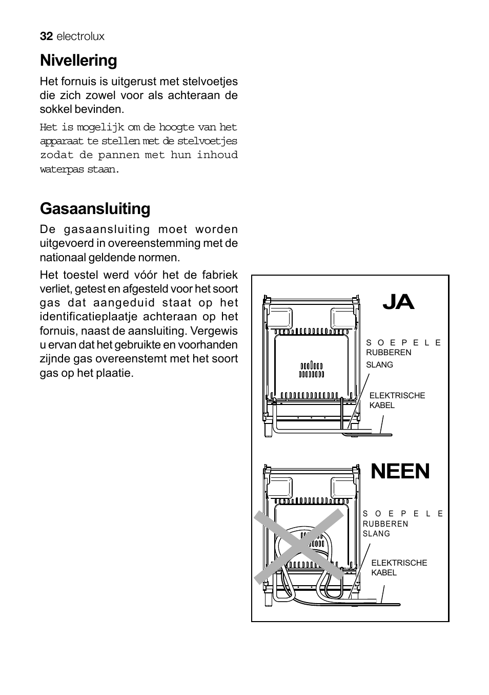 Ja neen, Nivellering, Gasaansluiting | Electrolux EKG 60111 User Manual | Page 32 / 84