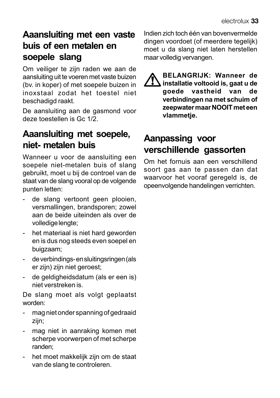 Aaansluiting met soepele, niet- metalen buis, Aanpassing voor verschillende gassorten | Electrolux EKG 60111 User Manual | Page 33 / 84