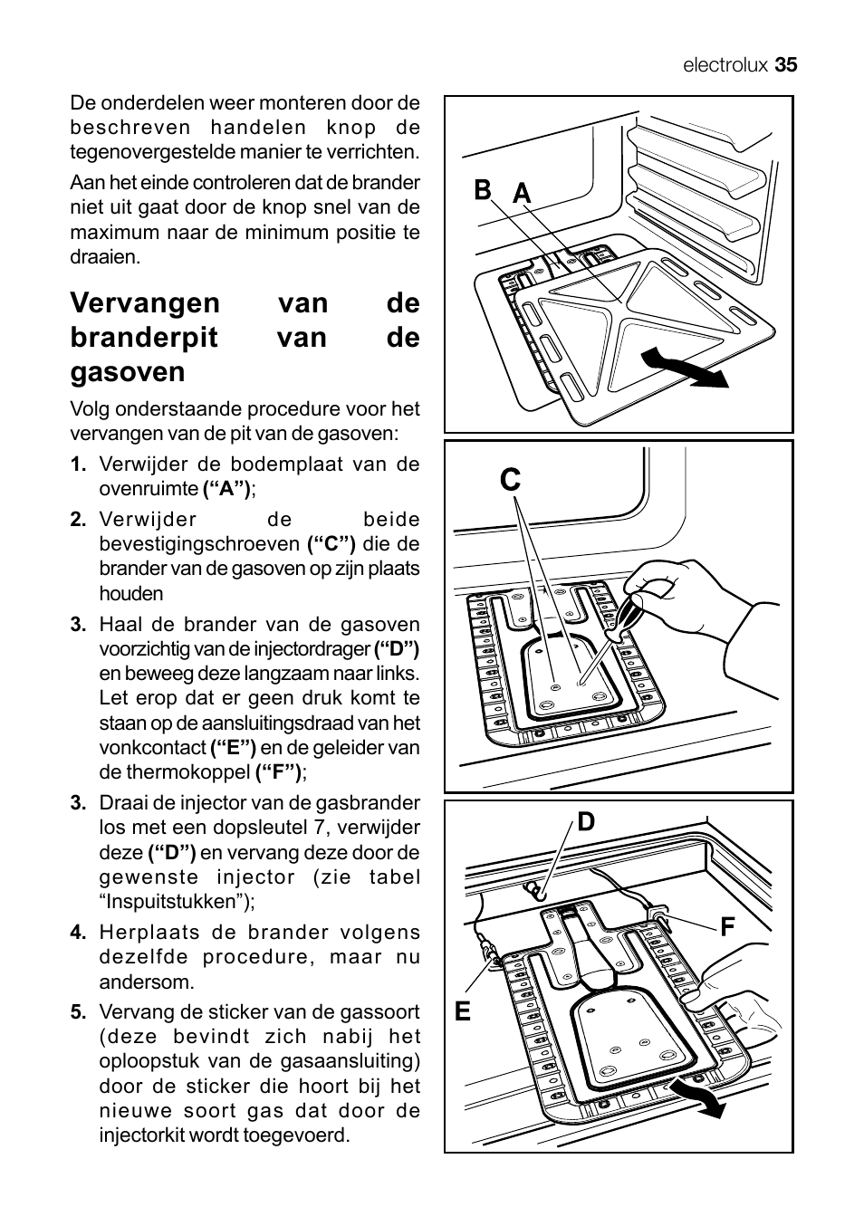 Vervangen van de branderpit van de gasoven | Electrolux EKG 60111 User Manual | Page 35 / 84