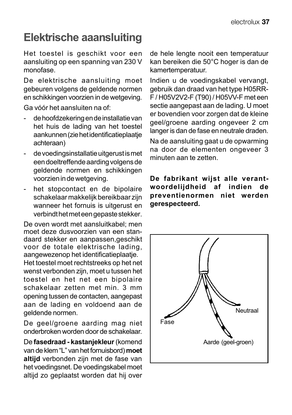 Elektrische aaansluiting | Electrolux EKG 60111 User Manual | Page 37 / 84