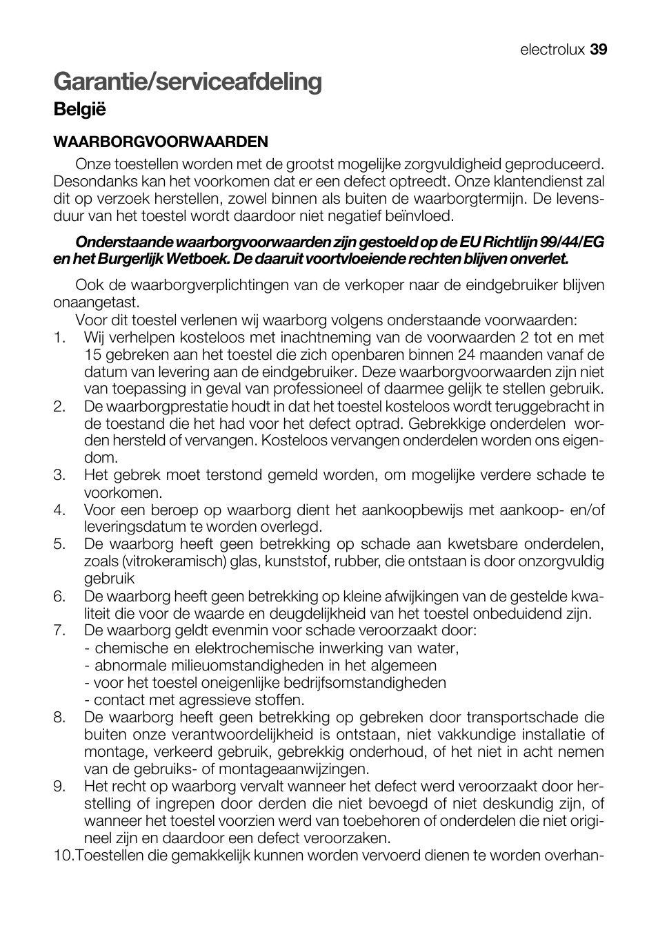 Garantie/serviceafdeling, België | Electrolux EKG 60111 User Manual | Page 39 / 84