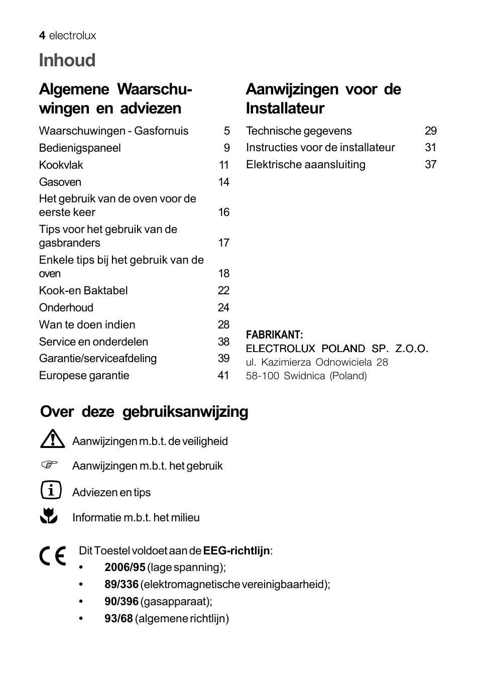 Inhoud, Over deze gebruiksanwijzing | Electrolux EKG 60111 User Manual | Page 4 / 84