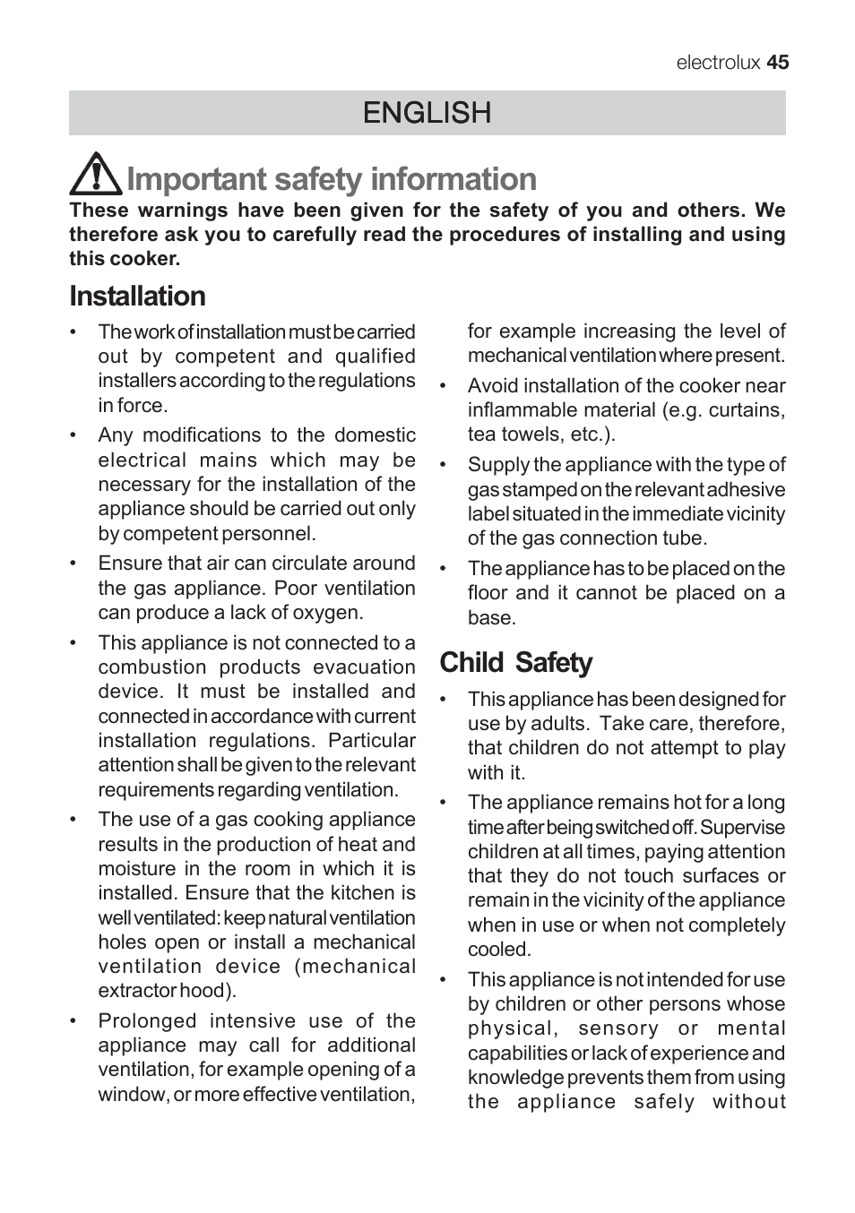 Important safety information, Installation, Child safety | English | Electrolux EKG 60111 User Manual | Page 45 / 84