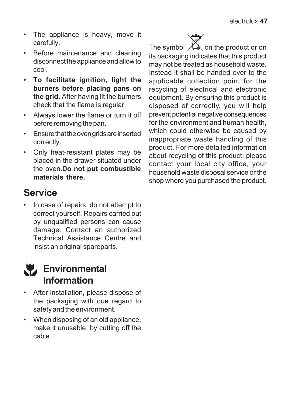 Service, Environmental information | Electrolux EKG 60111 User Manual | Page 47 / 84