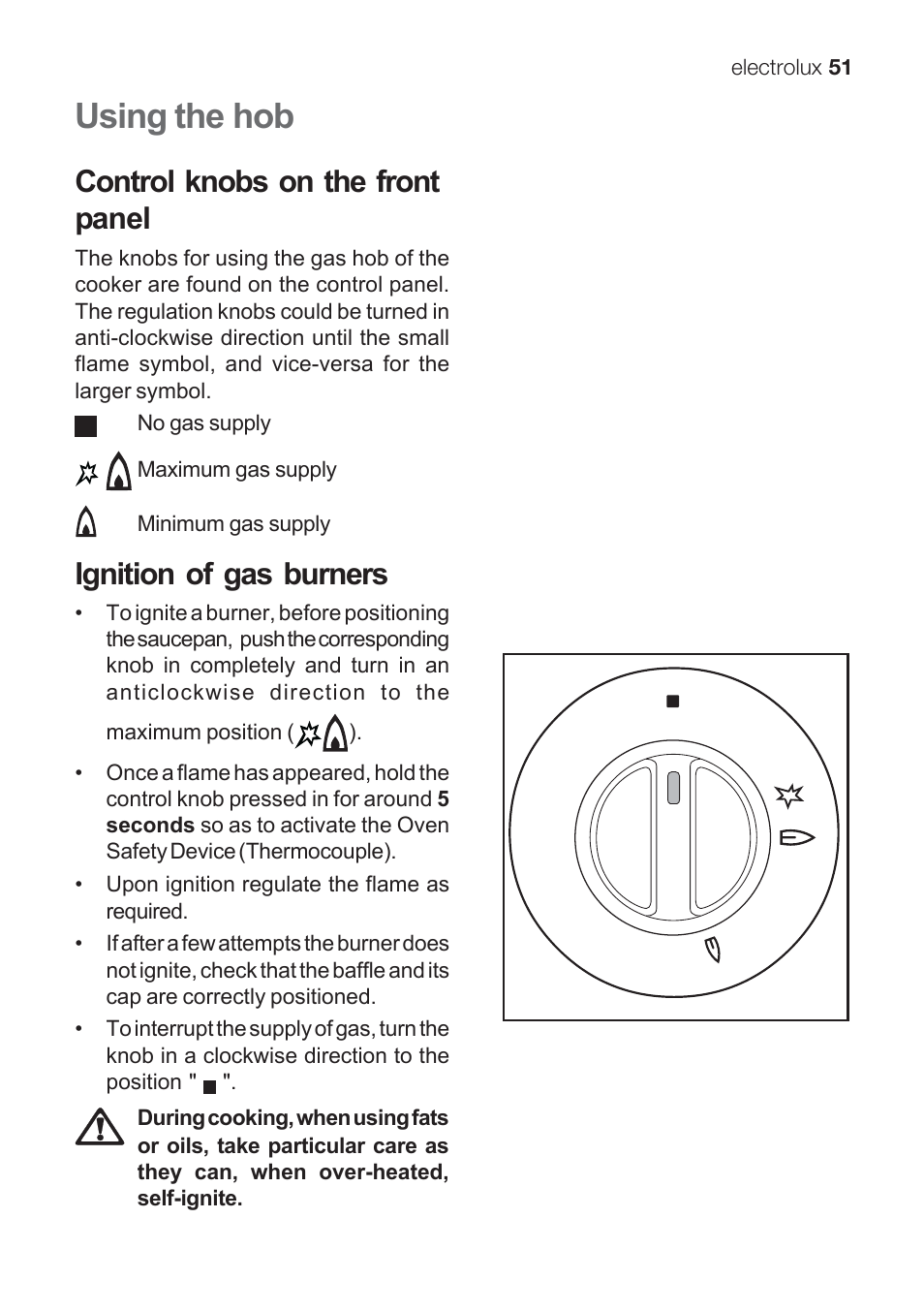 Using the hob, Control knobs on the front panel, Ignition of gas burners | Electrolux EKG 60111 User Manual | Page 51 / 84