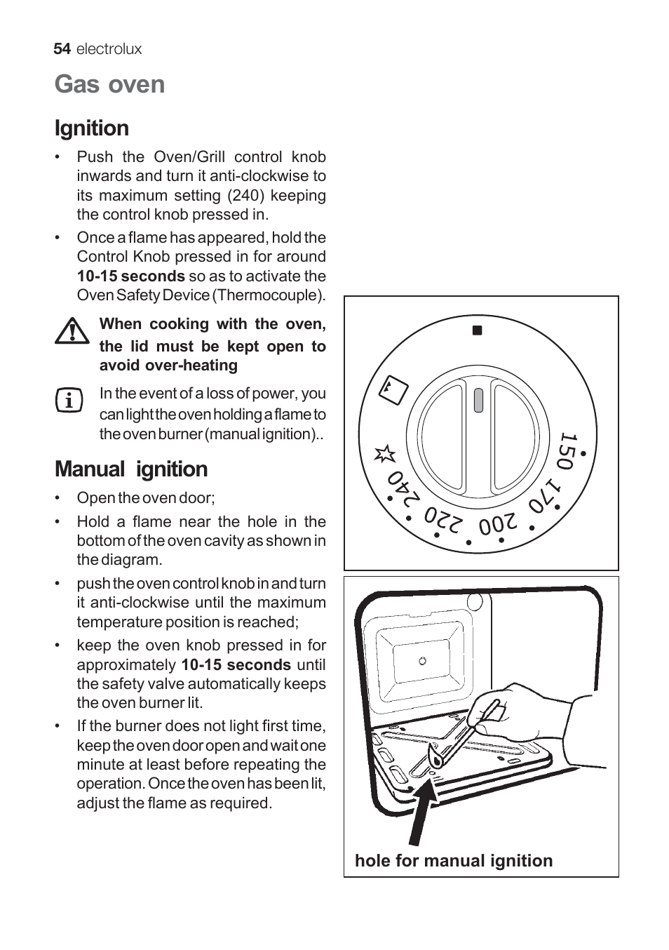 Gas oven, Ignition, Manual ignition | Electrolux EKG 60111 User Manual | Page 54 / 84