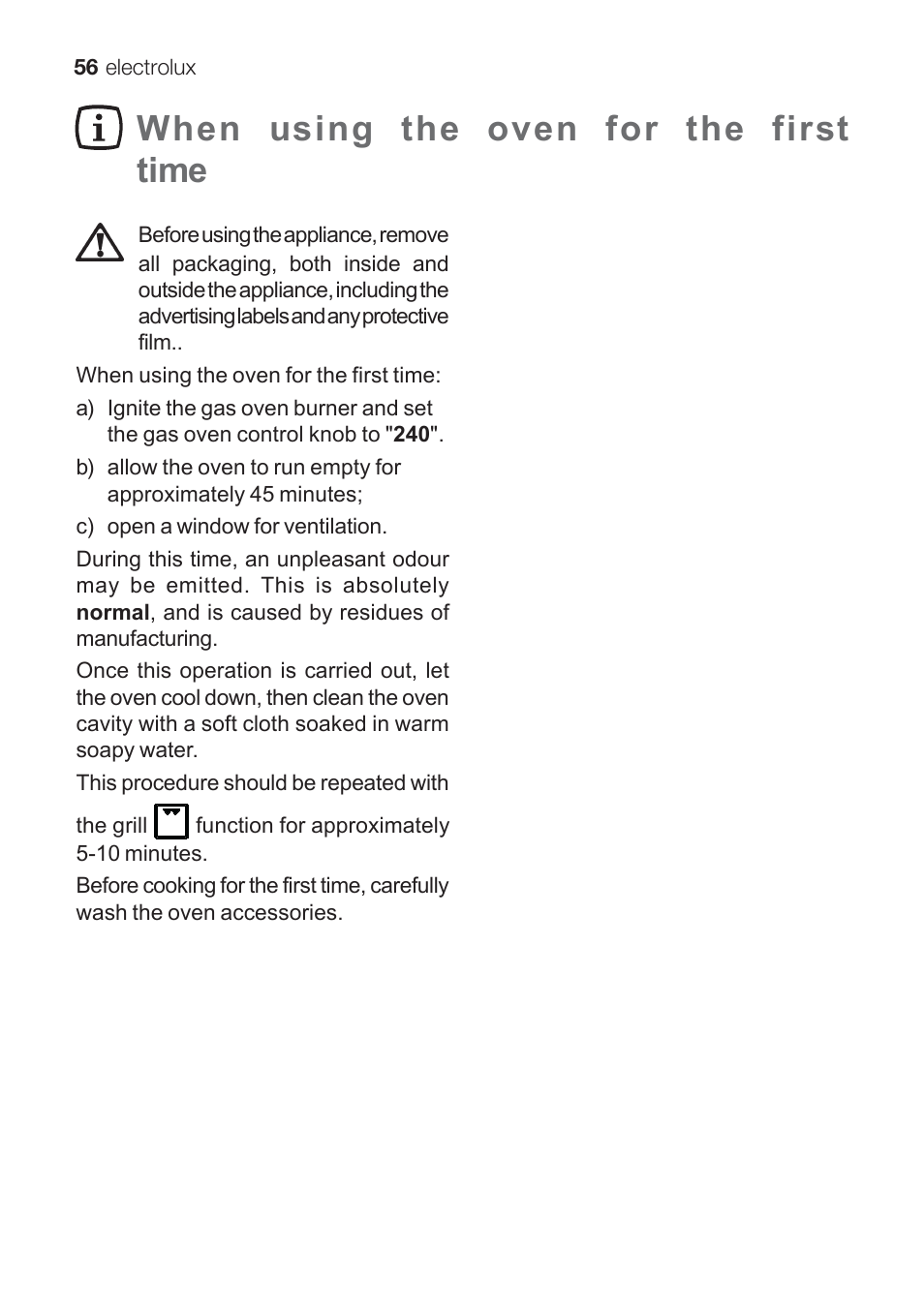 When using the oven for the first time | Electrolux EKG 60111 User Manual | Page 56 / 84