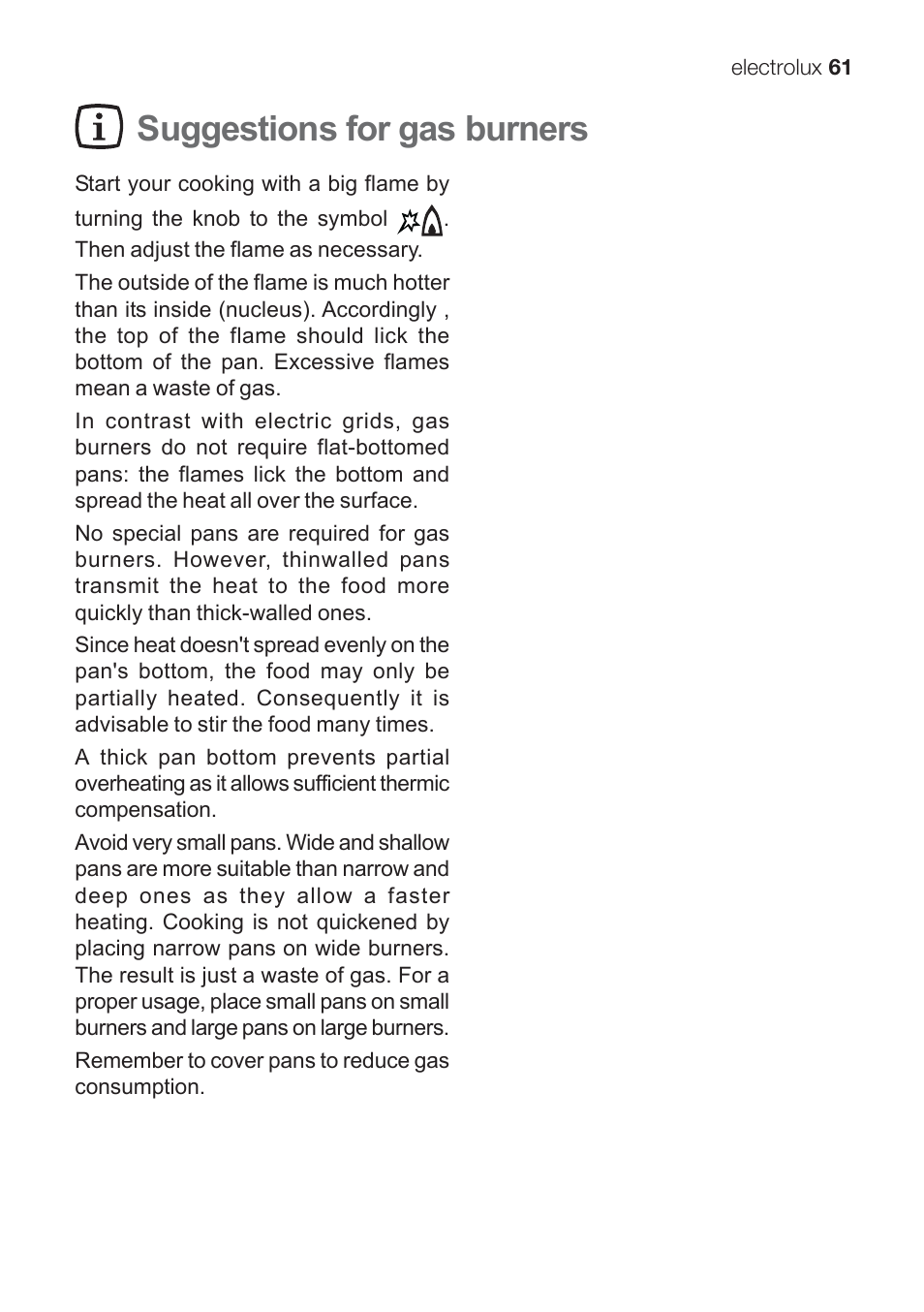 Suggestions for gas burners | Electrolux EKG 60111 User Manual | Page 61 / 84