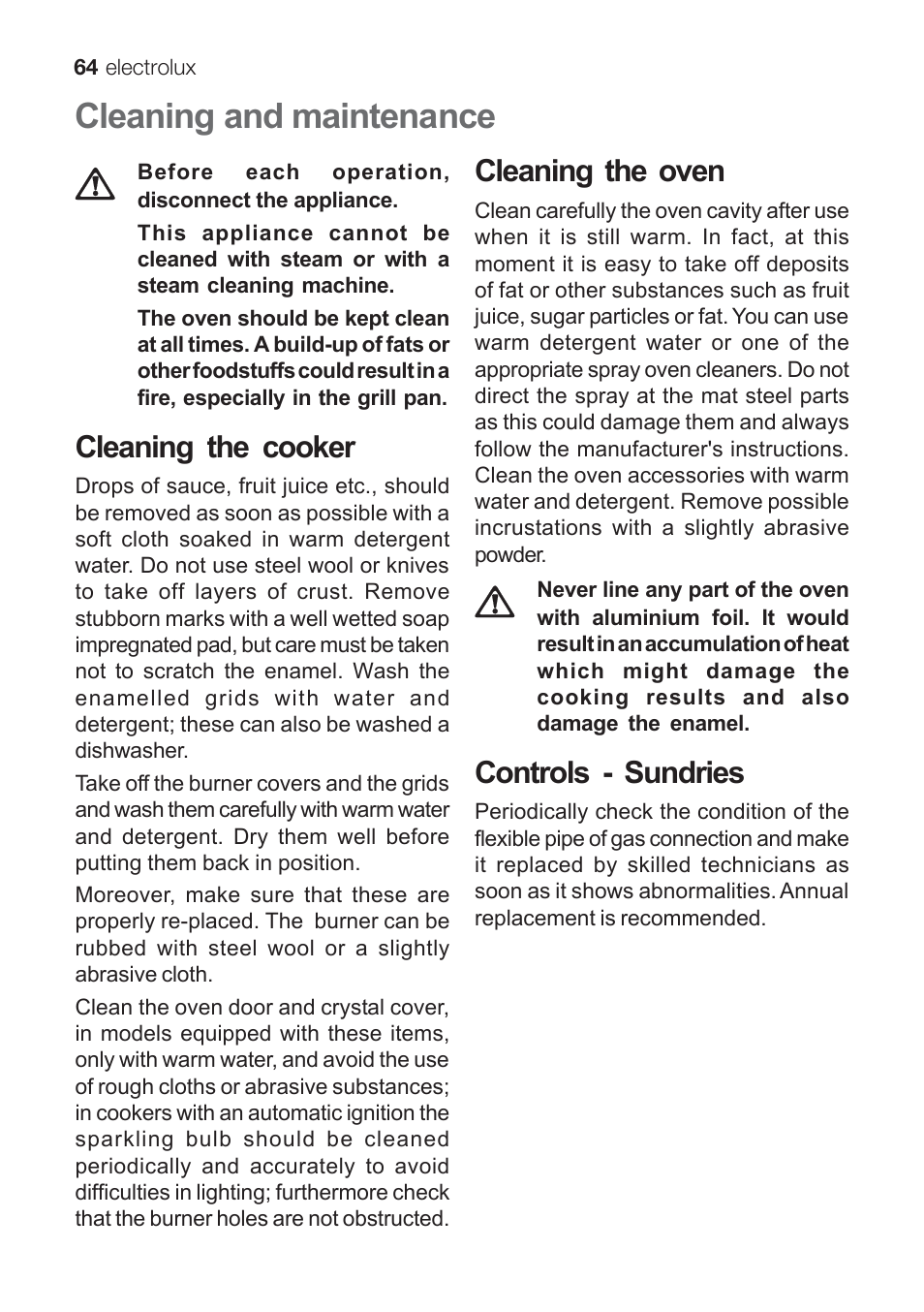 Cleaning and maintenance, Cleaning the cooker, Cleaning the oven | Controls - sundries | Electrolux EKG 60111 User Manual | Page 64 / 84