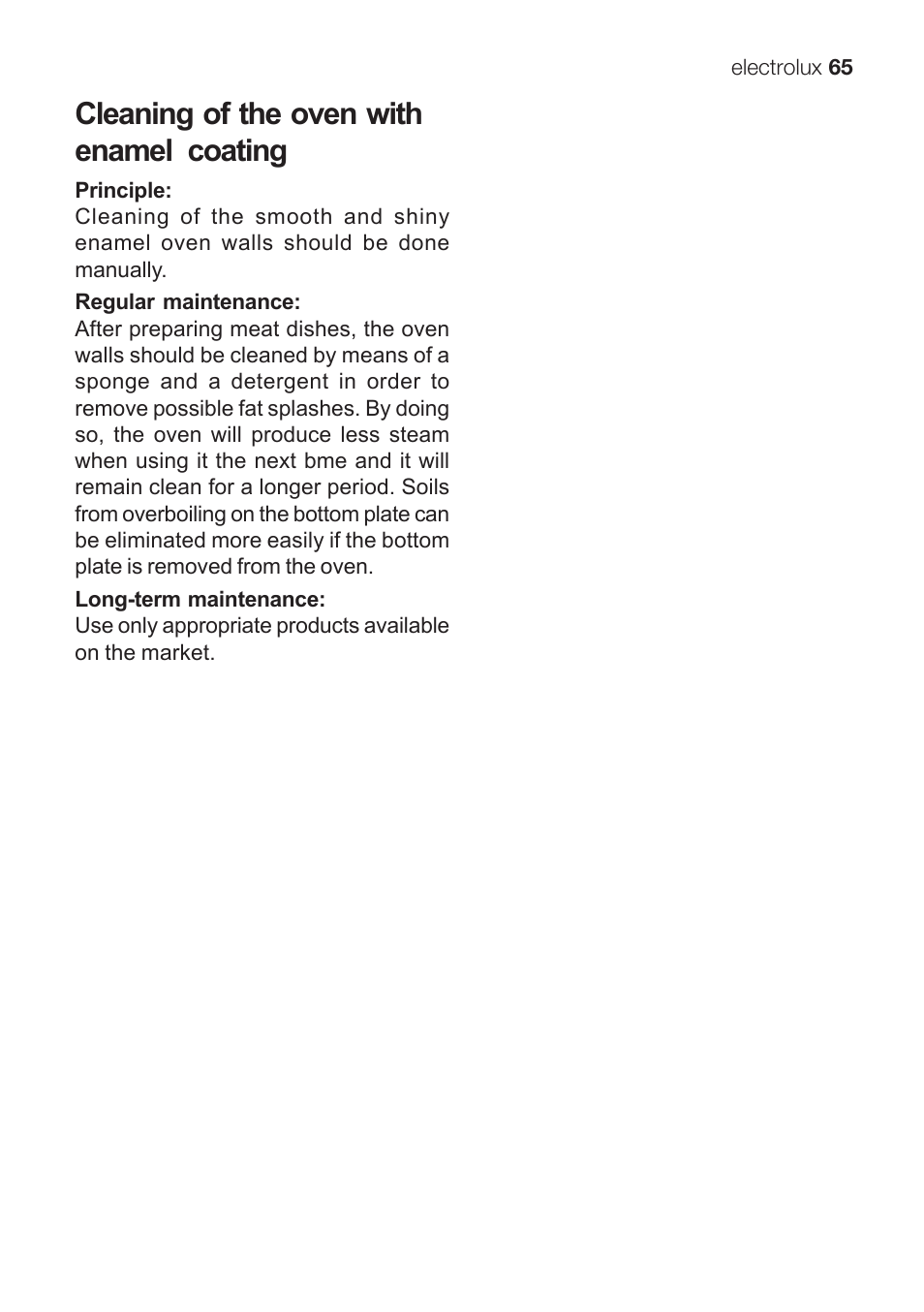 Cleaning of the oven with enamel coating | Electrolux EKG 60111 User Manual | Page 65 / 84