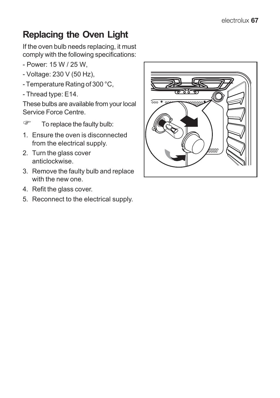 Replacing the oven light | Electrolux EKG 60111 User Manual | Page 67 / 84