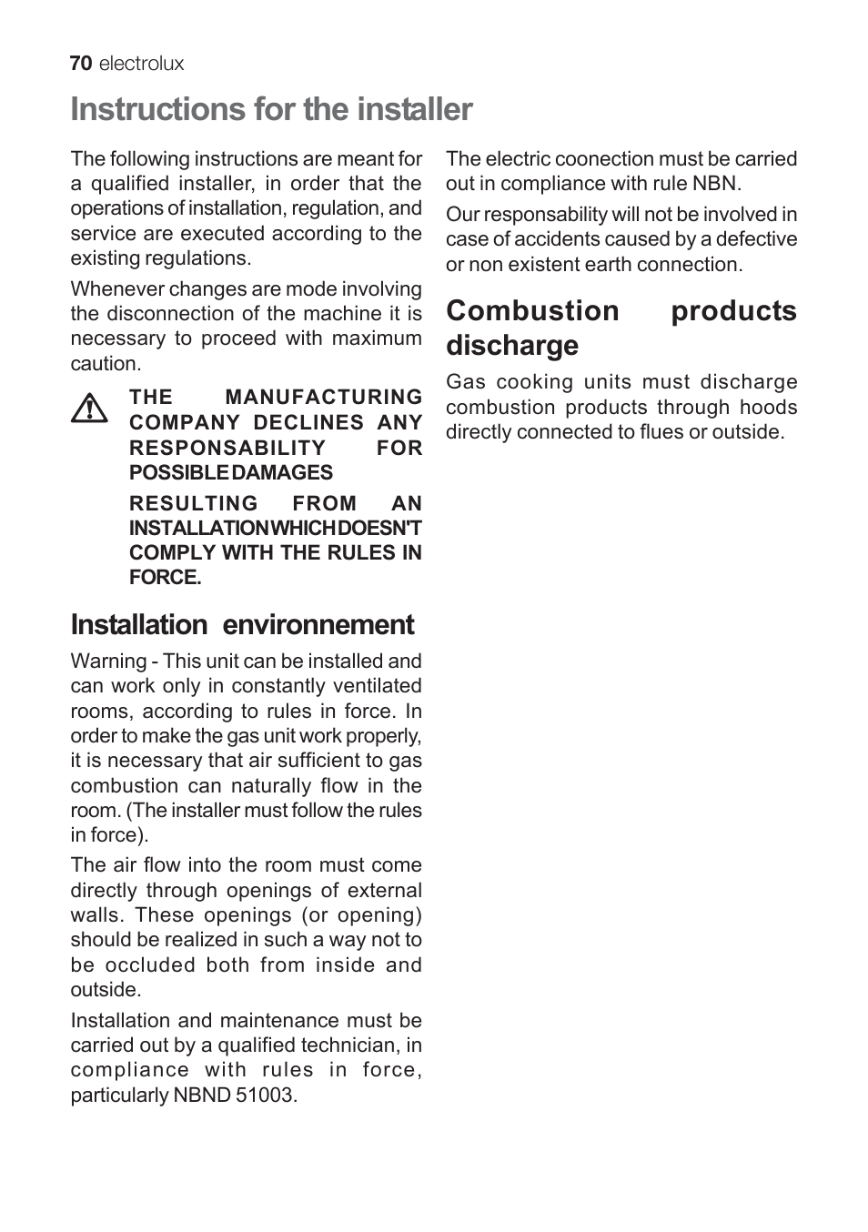 Instructions for the installer, Installation environnement, Combustion products discharge | Electrolux EKG 60111 User Manual | Page 70 / 84