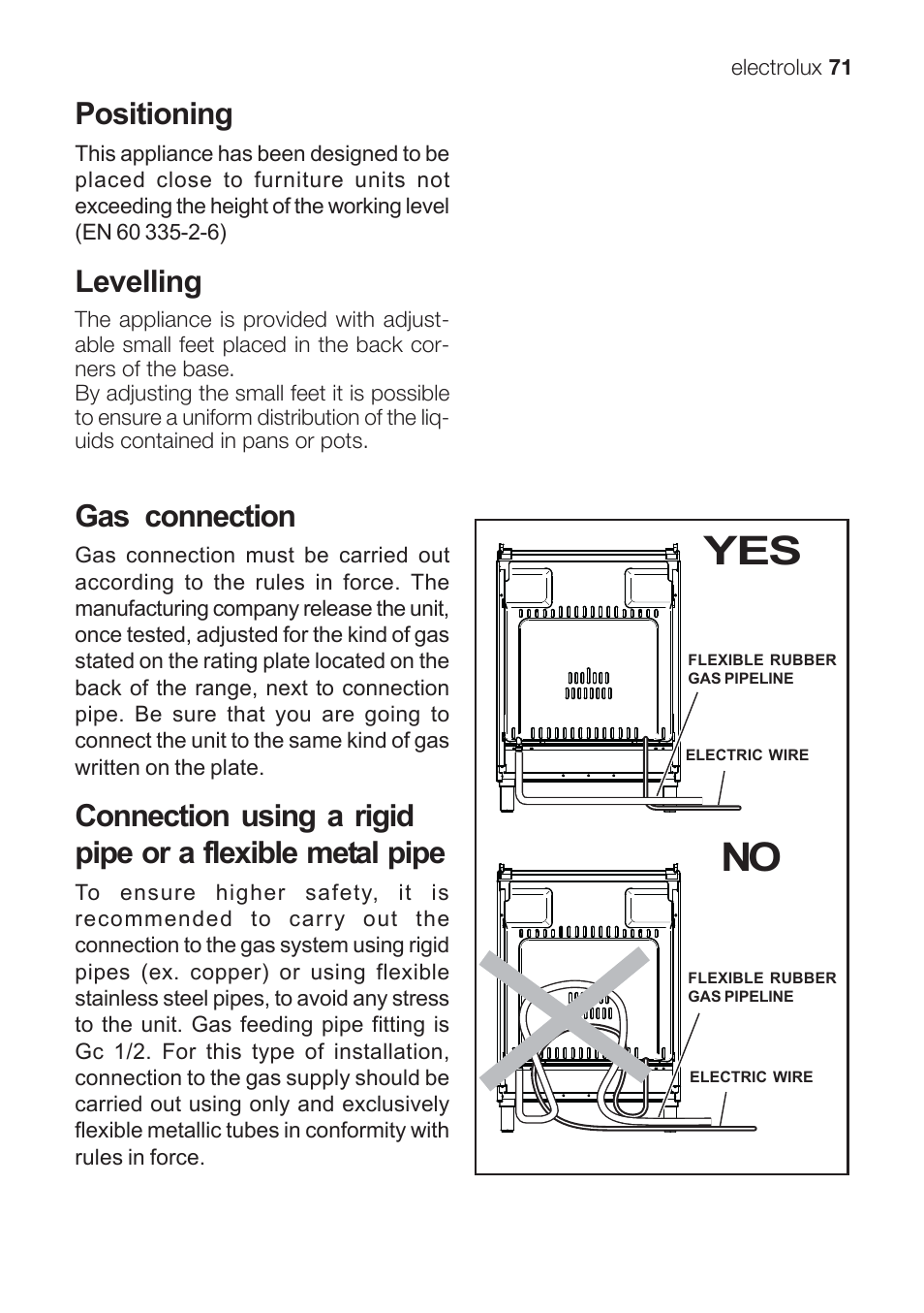 Yes no, Positioning, Levelling | Gas connection | Electrolux EKG 60111 User Manual | Page 71 / 84