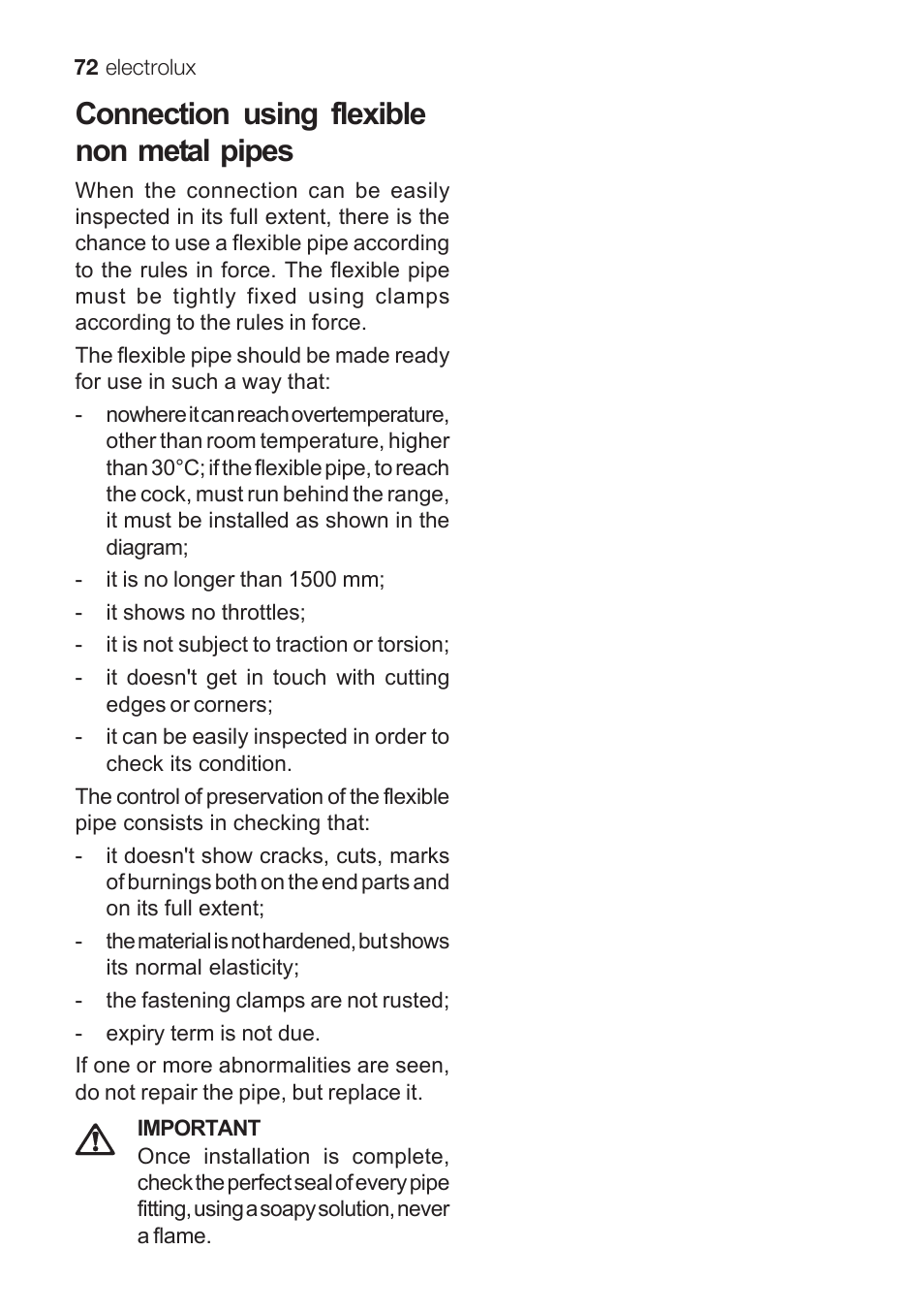 Connection using flexible non metal pipes | Electrolux EKG 60111 User Manual | Page 72 / 84