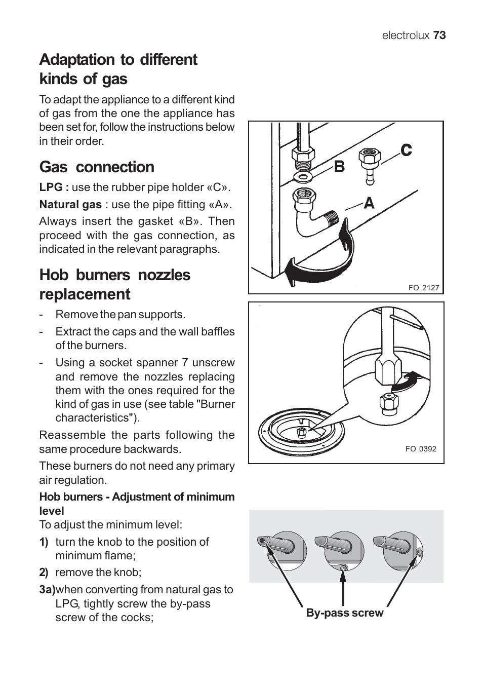 Adaptation to different kinds of gas, Gas connection, Hob burners nozzles replacement | Electrolux EKG 60111 User Manual | Page 73 / 84