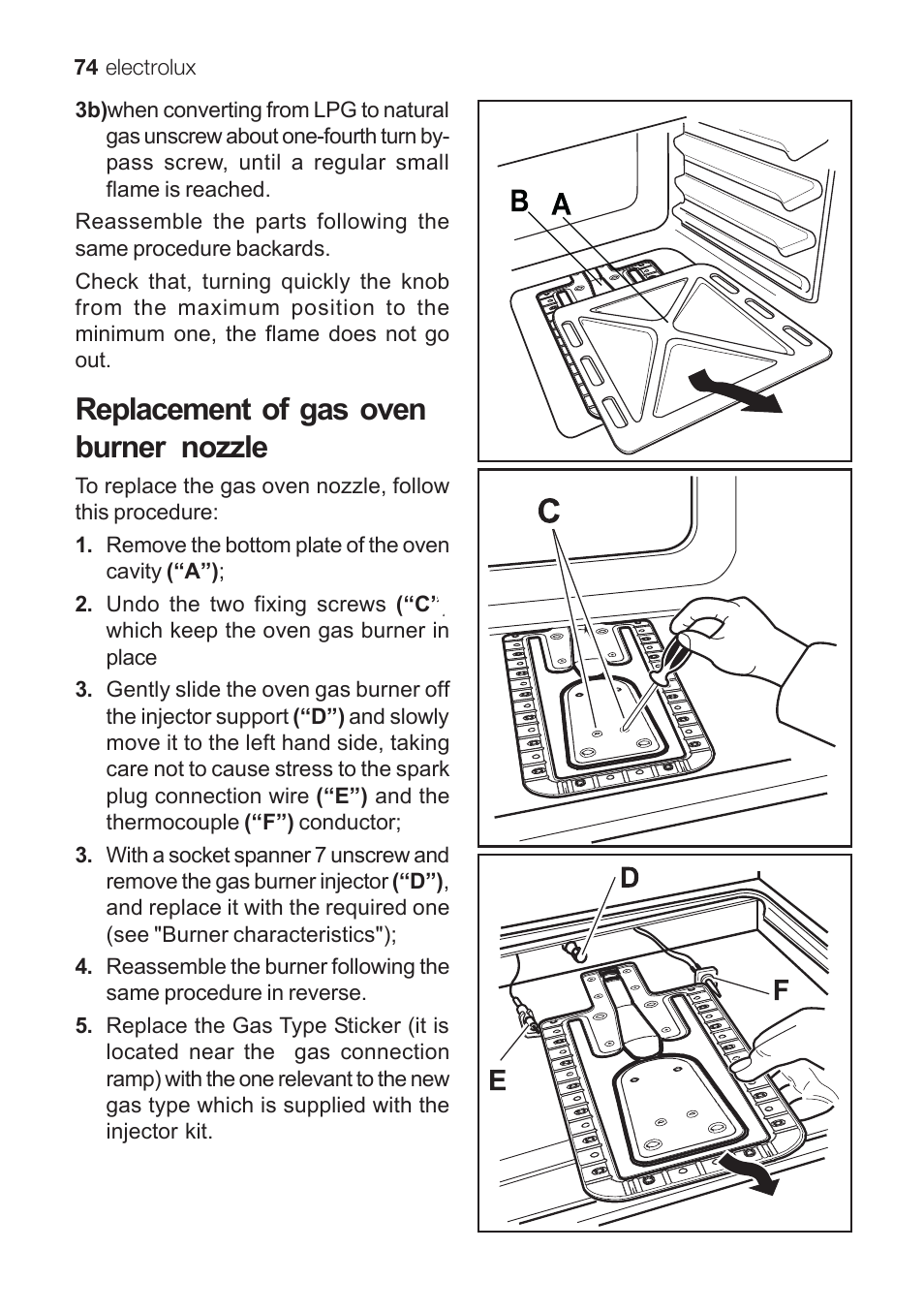 Replacement of gas oven burner nozzle | Electrolux EKG 60111 User Manual | Page 74 / 84