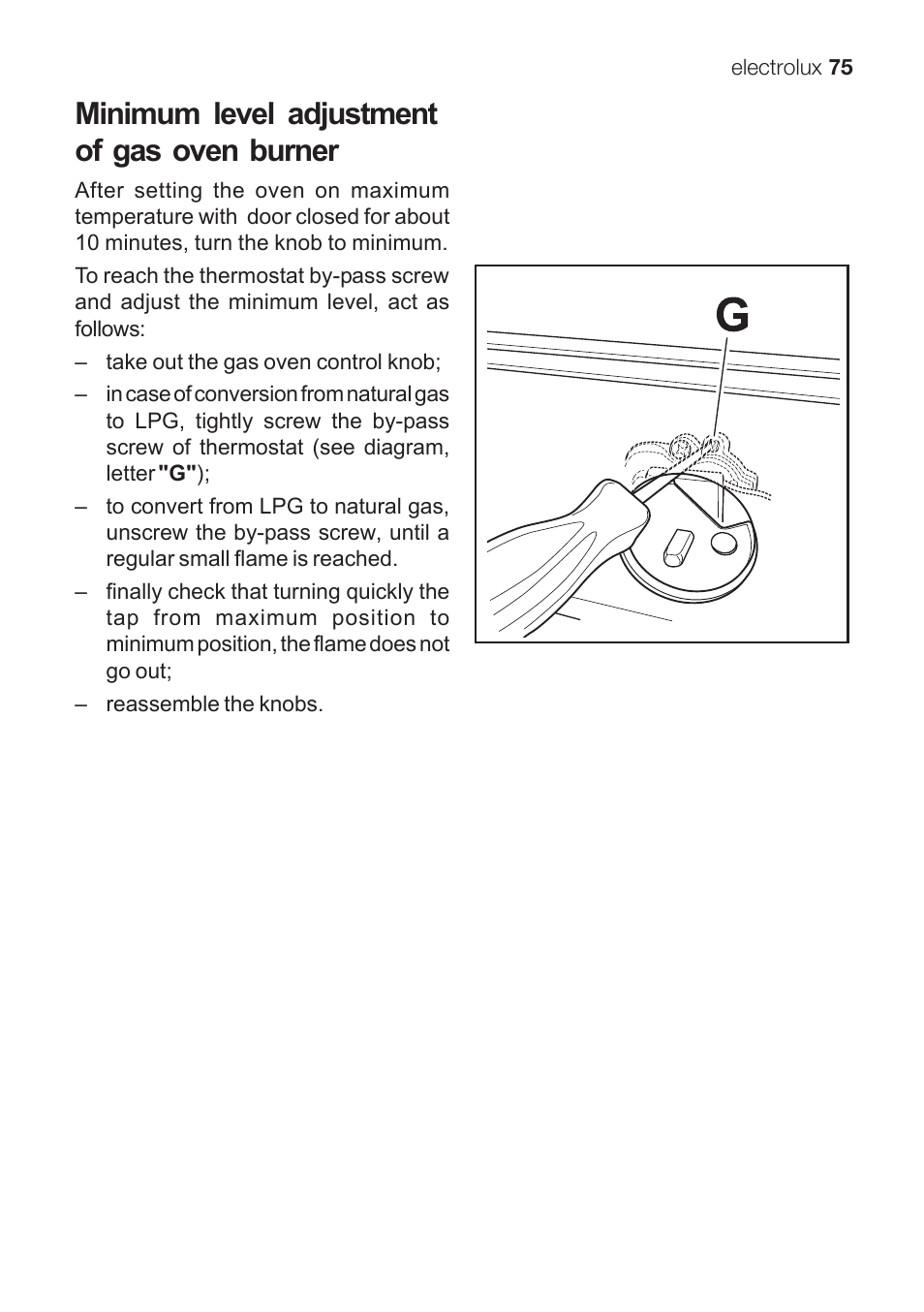 Minimum level adjustment of gas oven burner | Electrolux EKG 60111 User Manual | Page 75 / 84