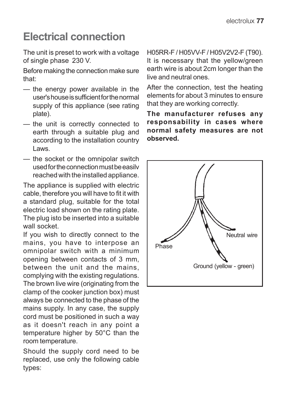 Electrical connection | Electrolux EKG 60111 User Manual | Page 77 / 84