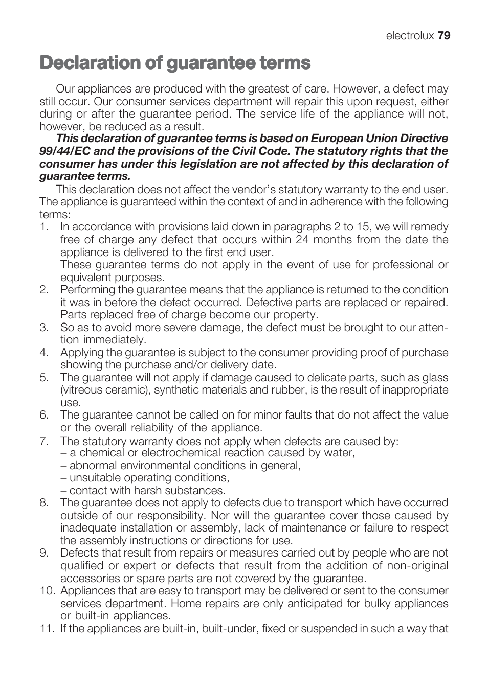 Declaration of guarantee terms | Electrolux EKG 60111 User Manual | Page 79 / 84