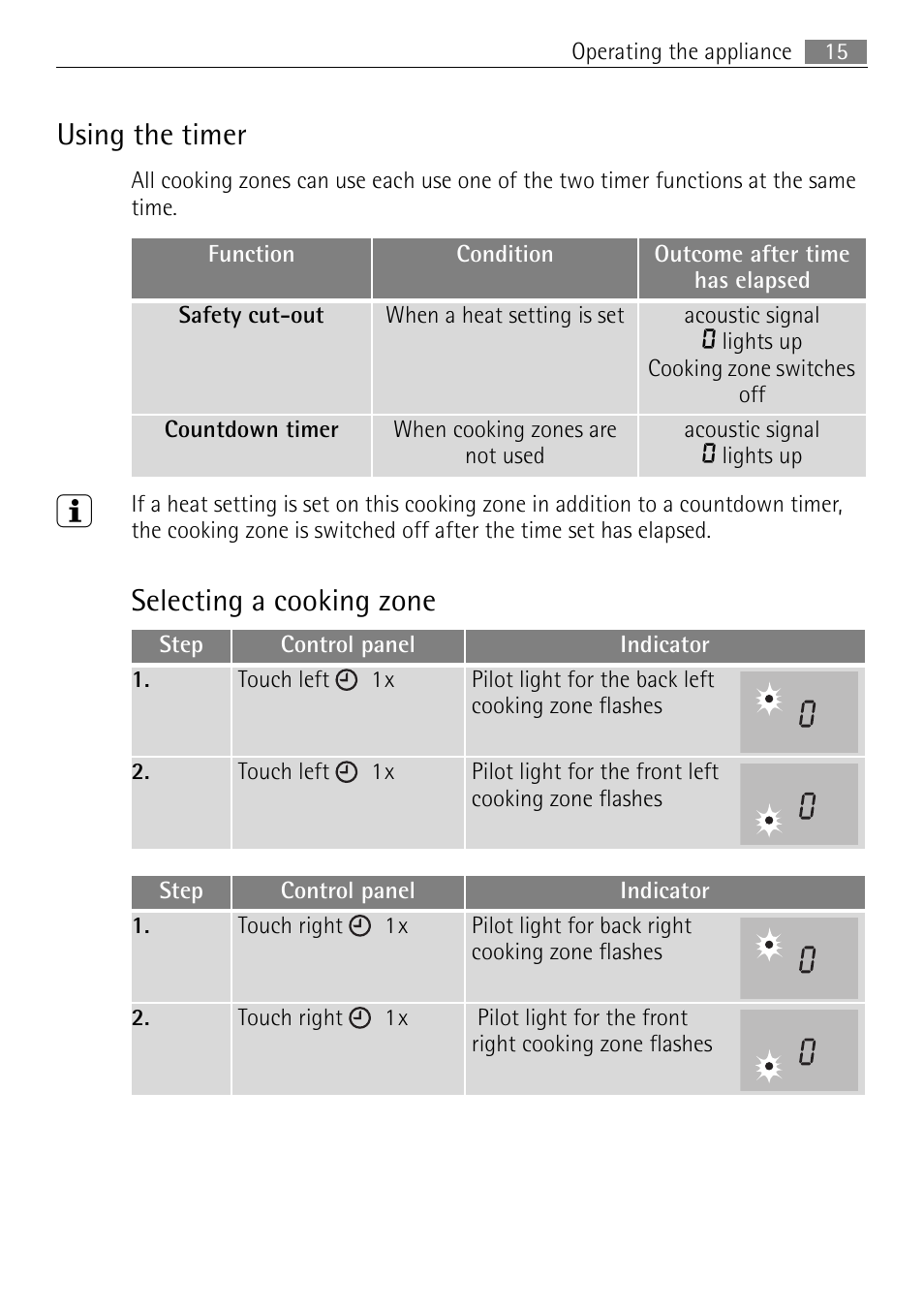 Using the timer, Selecting a cooking zone | Electrolux FM 7803 K-AN User Manual | Page 15 / 40