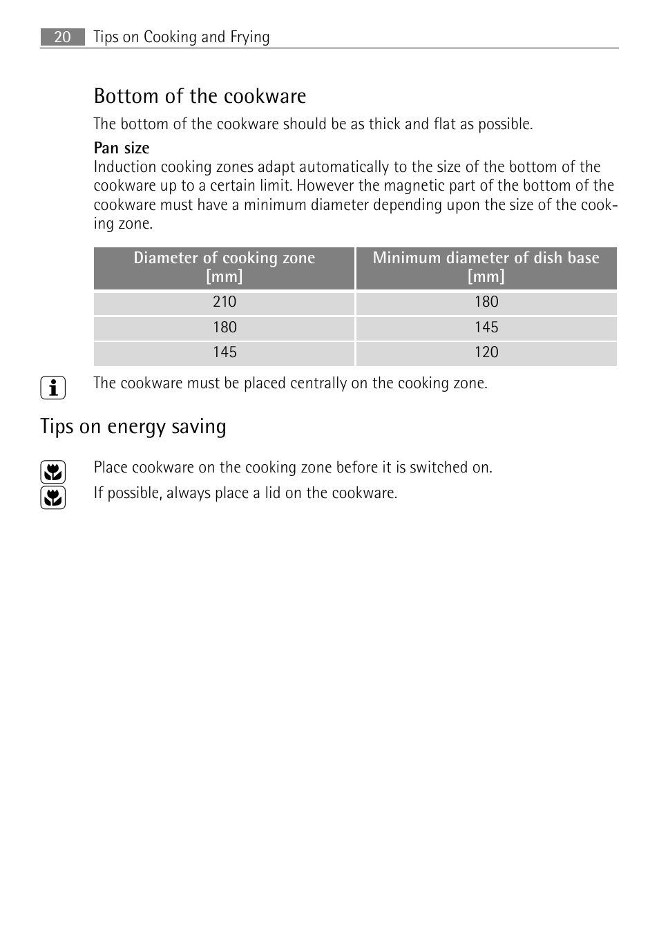 Bottom of the cookware, Tips on energy saving | Electrolux FM 7803 K-AN User Manual | Page 20 / 40