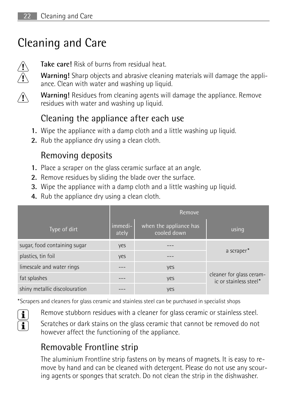 Cleaning and care 1, Cleaning the appliance after each use, Removing deposits | Removable frontline strip | Electrolux FM 7803 K-AN User Manual | Page 22 / 40