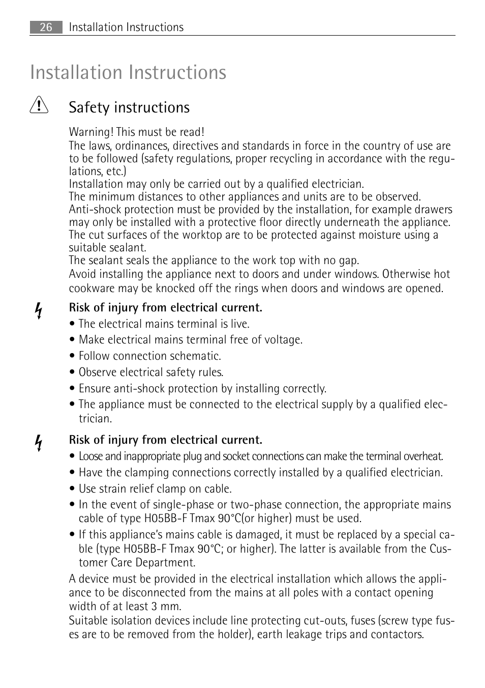 Installation instructions 1, Safety instructions | Electrolux FM 7803 K-AN User Manual | Page 26 / 40